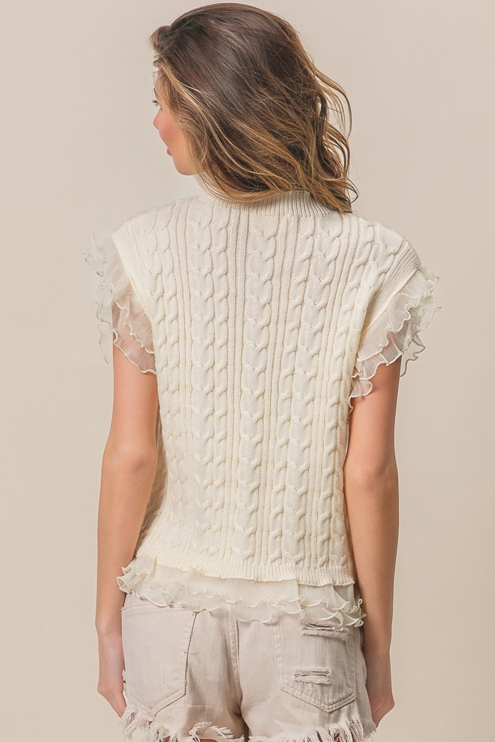 BiBi Layered Pleat Chiffon Edge Cable Knit Top Shirt Apparel BiBi Clothing Tops Ship from USA Shirts USA Women Trendsi https://www.cyberehub.com