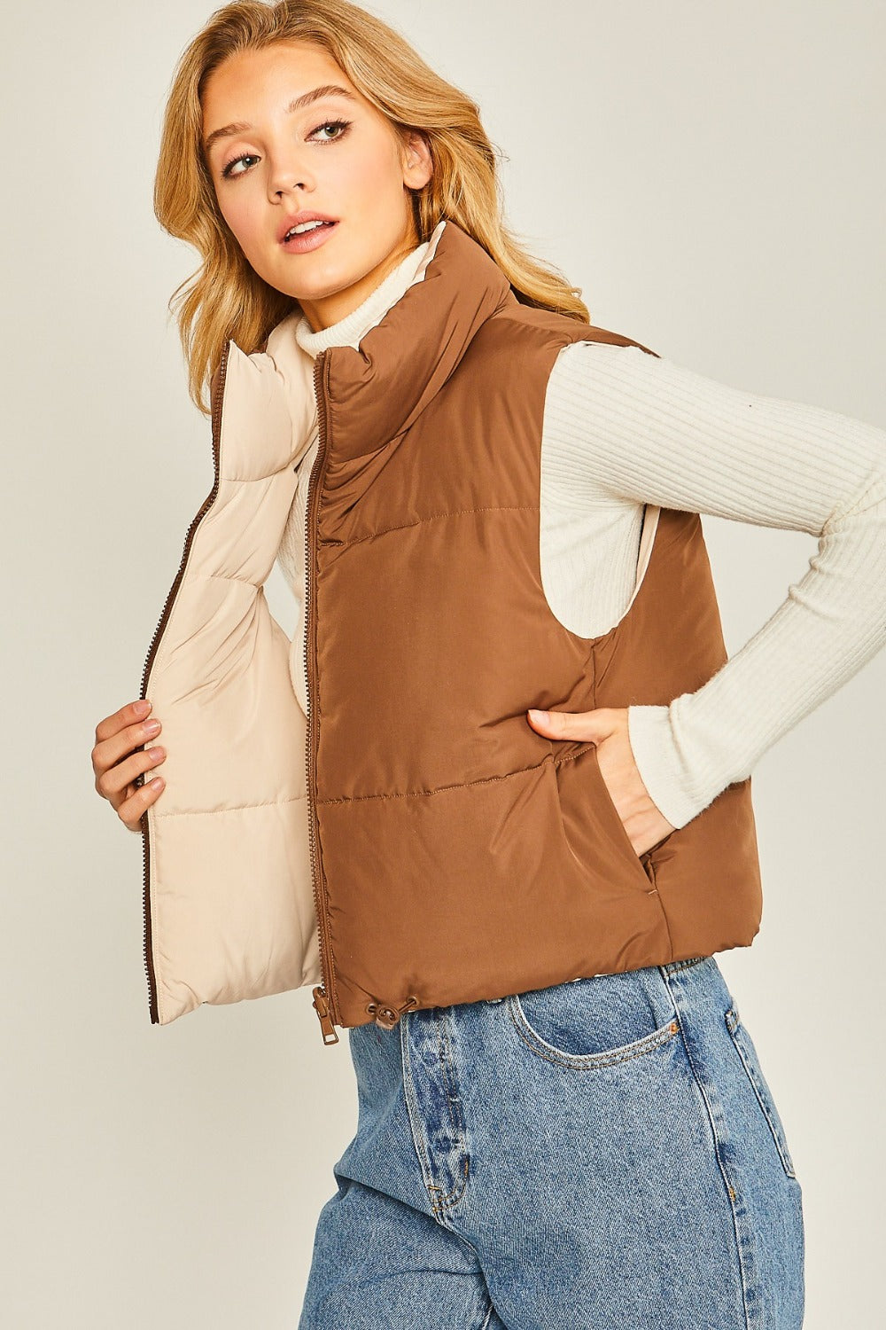 Love Tree Zip Up Cropped Contrast Reversible Vest Cocoa Tops/Jackets/Sweaters Clothing Tops LOVE TREE Ship from USA TikTok Trendsi USPS Walmart Trendsi https://www.cyberehub.com