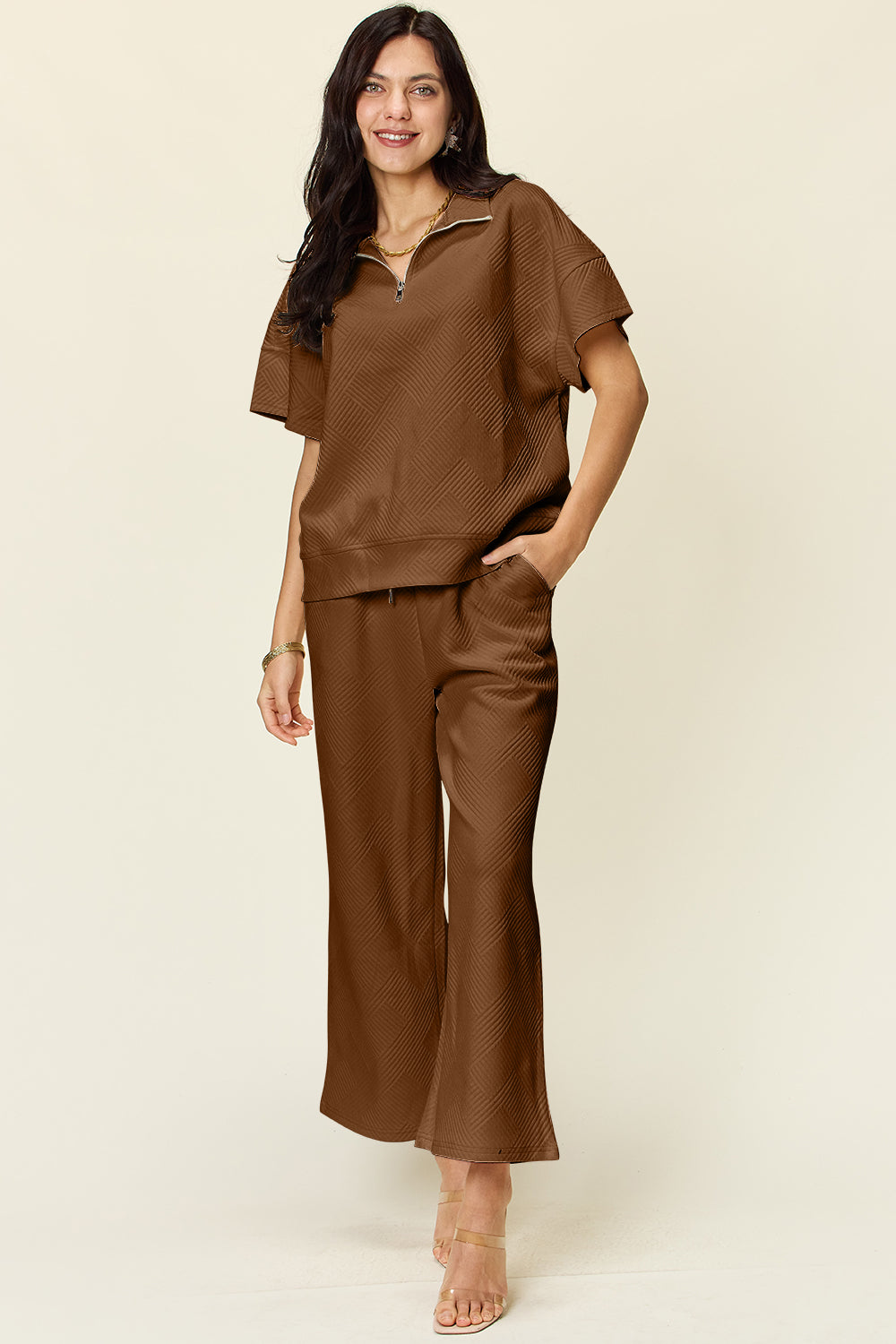 Double Take Full Size Texture Half Zip Short Sleeve Top and Pants Set Mocha Apparel/Tops Double Take Ship from USA TikTok Tops Trendsi USPS Walmart Walmart Apparel Trendsi https://www.cyberehub.com