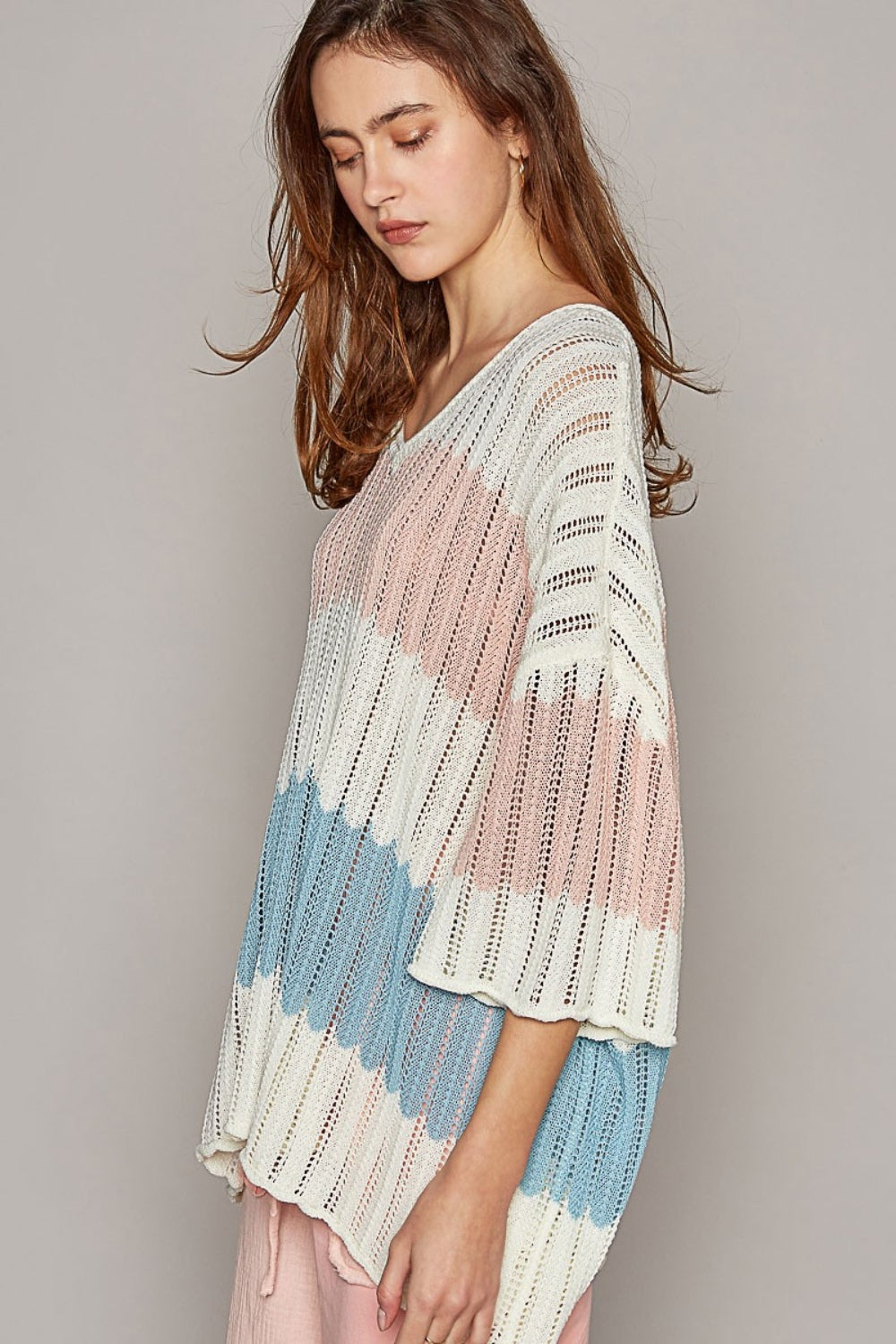 POL V-Neck Short Sleeve Stripe Weave Sweater Shirt Apparel Clothing Tops POL Ship from USA Shirts USA Women Trendsi https://www.cyberehub.com