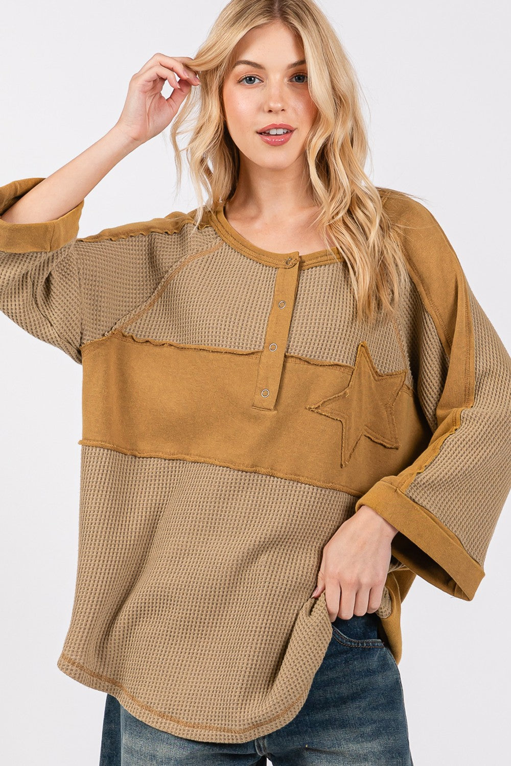 SAGE + FIG Star Applique Patch Exposed Seam Waffle Knit Top Shirt Apparel Clothing Tops SAGE+FIG Ship from USA Shirts USA Women Trendsi https://www.cyberehub.com