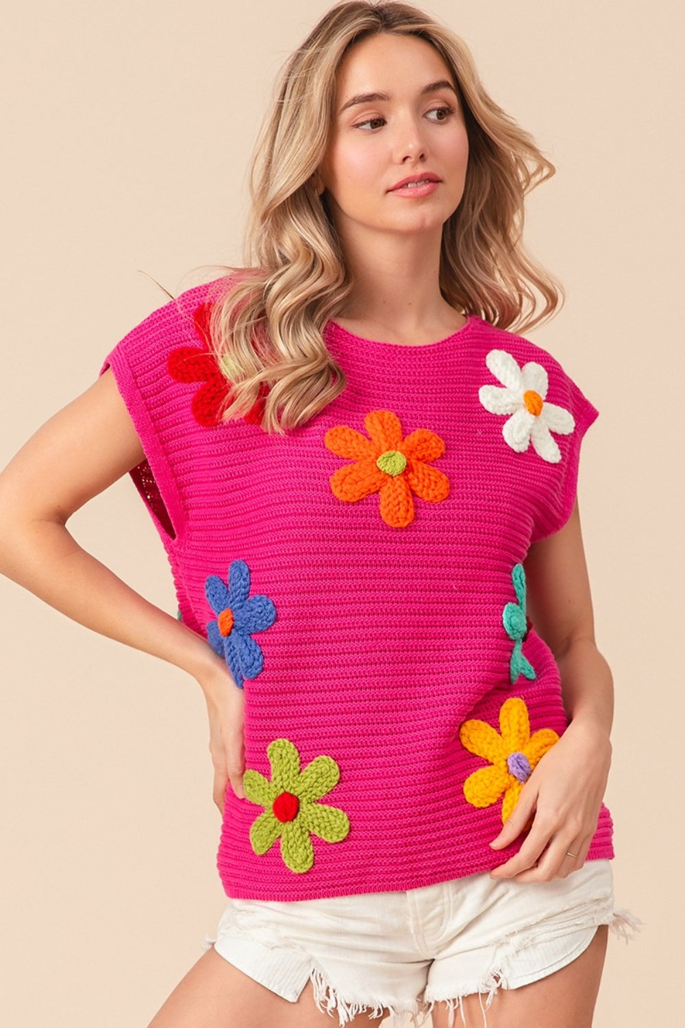 BiBi Flower Round Neck Cap Sleeve Knit Top Shirt Apparel BiBi Clothing Tops Ship from USA Shirts USA Women Trendsi https://www.cyberehub.com