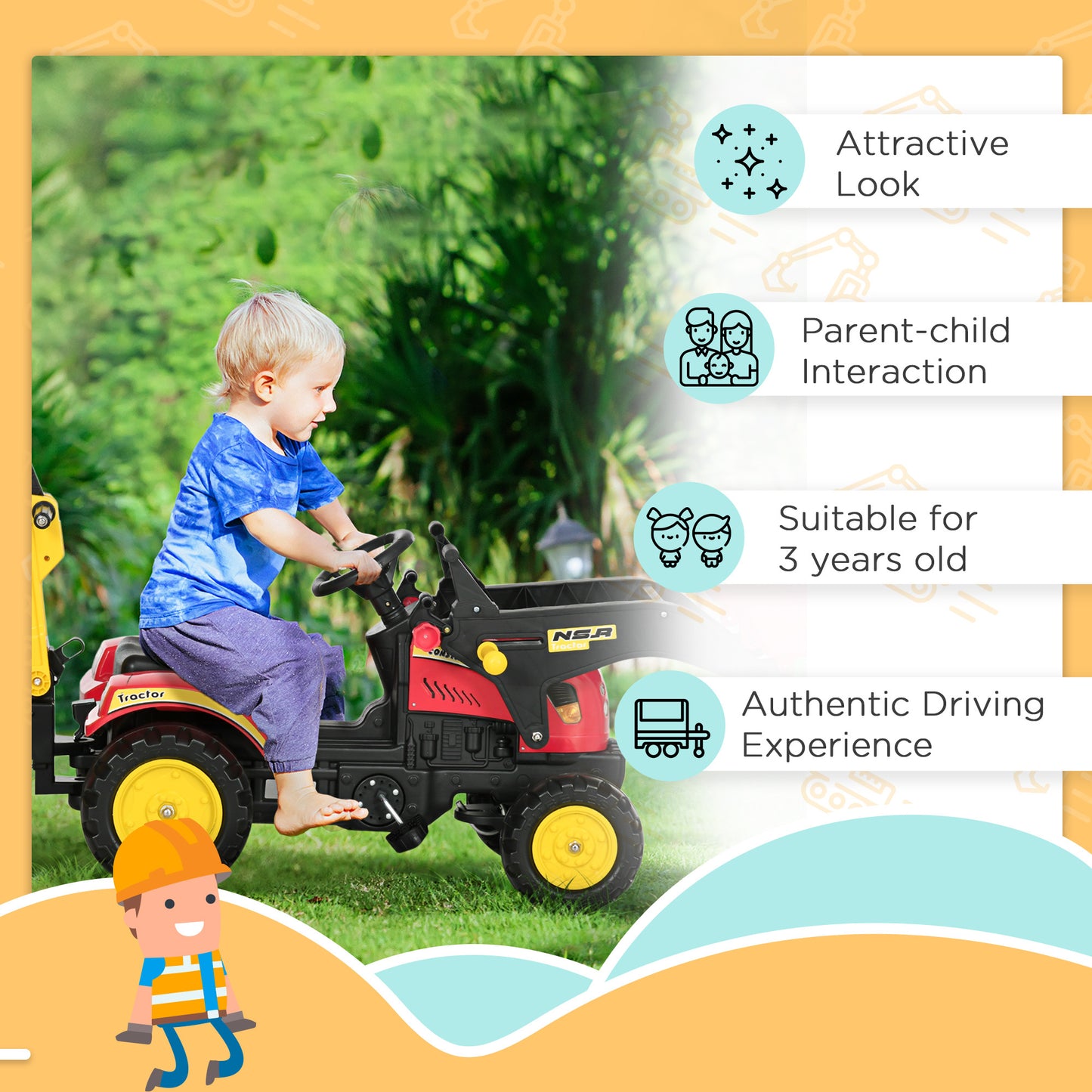 3 in1 Kids Ride On Excavator/Bulldozer, Pedal Car Digger Toy Move Forward/Back with 6 Wheels and Detachable Cargo Trailer Car Giga GNJ Toys Walmart Giga https://www.cyberehub.com
