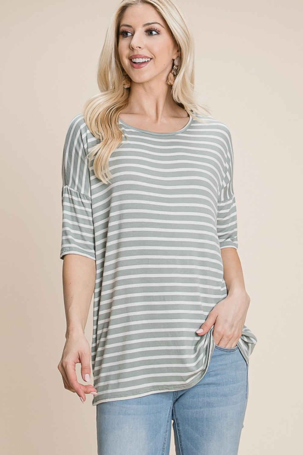 BOMBOM Striped Round Neck T-Shirt Sage Apparel/Tops BOMBOM Ship from USA TikTok Tops Trendsi USPS Walmart Walmart Apparel Trendsi https://www.cyberehub.com