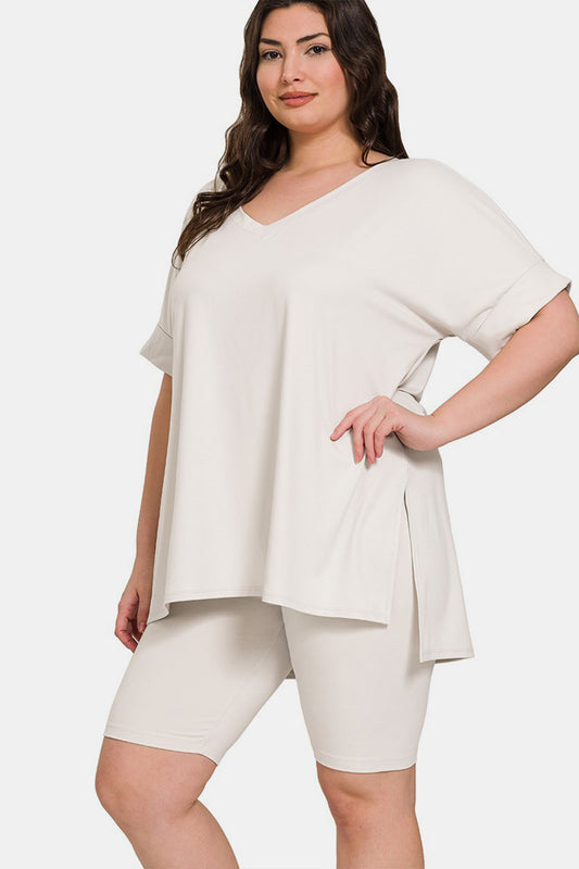 Zenana Full Size V-Neck Short Sleeve Slit T-Shirt and Shorts Set Tops/Jackets/Sweaters Clothing Tops Ship from USA TikTok Trendsi USPS Walmart Zenana Trendsi https://www.cyberehub.com