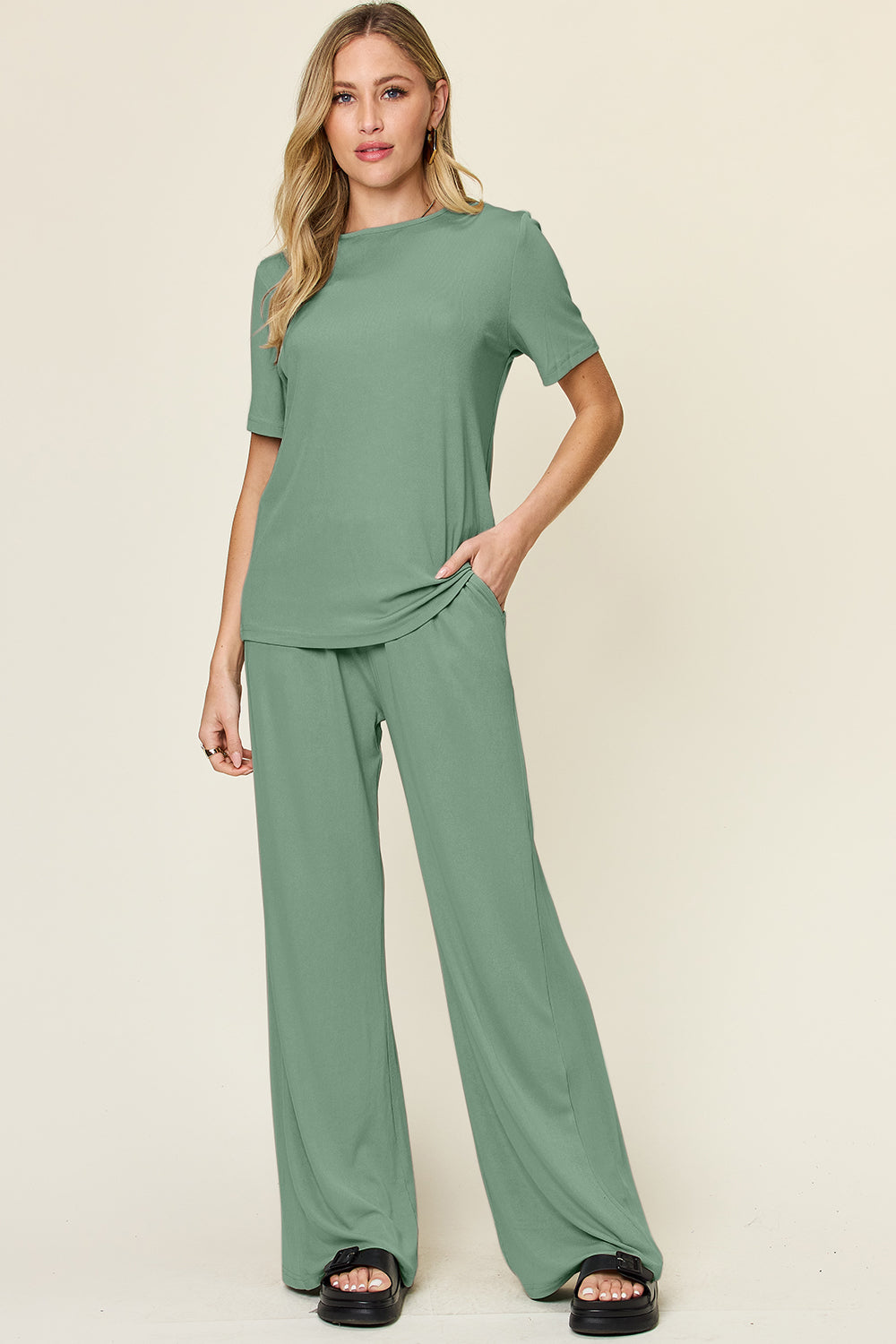 Double Take Full Size Round Neck Short Sleeve T-Shirt and Wide Leg Pants Set Light Green Apparel/Tops Double Take Ship from USA TikTok Tops Trendsi USPS Walmart Walmart Apparel Trendsi https://www.cyberehub.com