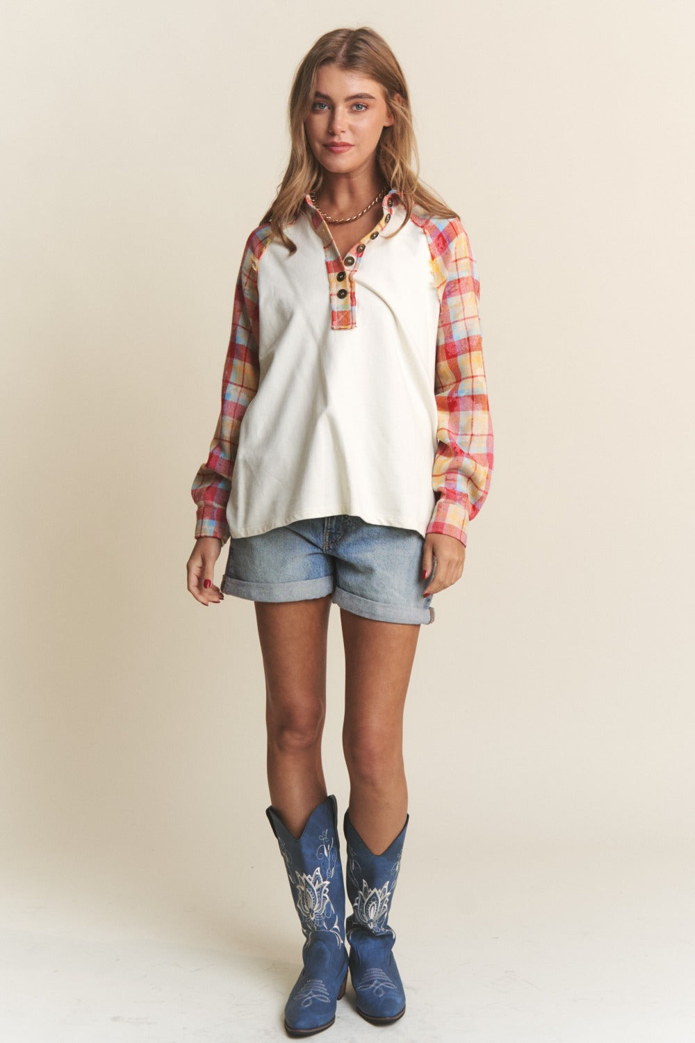 J.NNA Plaid Contrast Button Down Henley Top Tops/Jackets/Sweaters Clothing Tops J.NNA Ship from USA TikTok Trendsi USPS Walmart Trendsi https://www.cyberehub.com