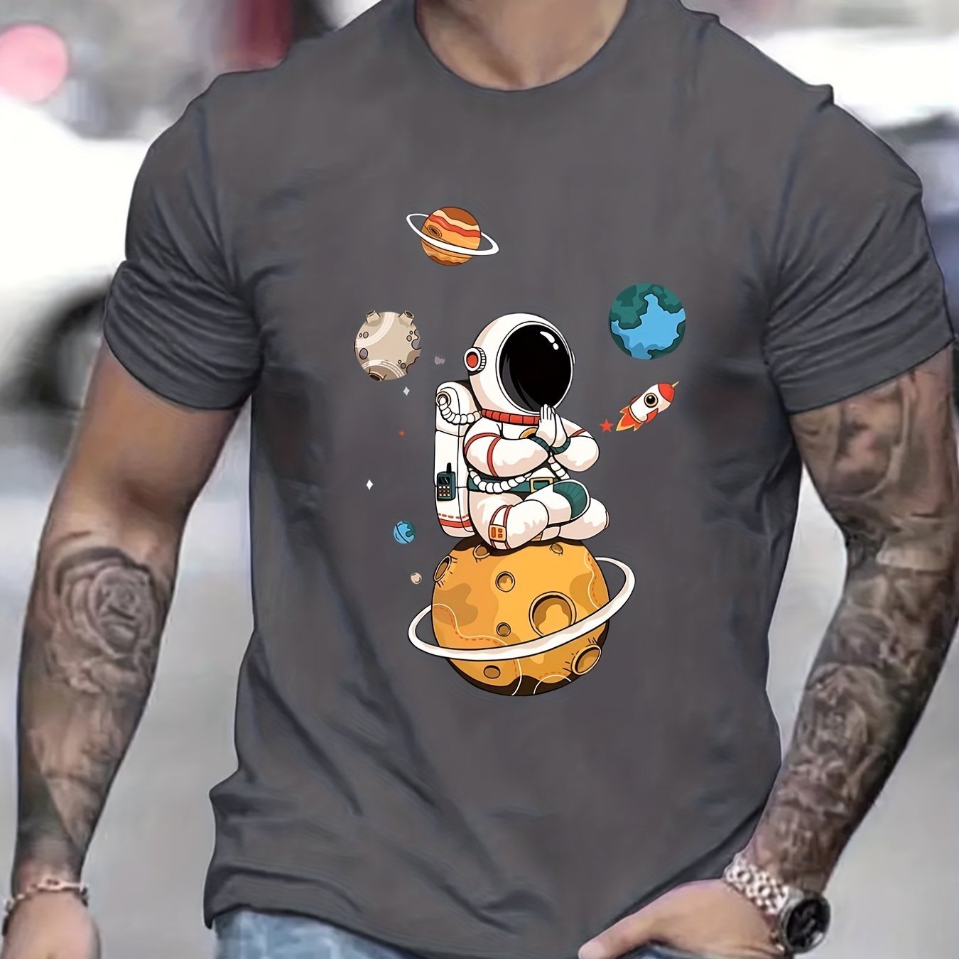 Summer Men's Casual Street Style Elastic Round Neck T-shirt With Cartoon Astronaut And Planet Patterns Dark grey Apparel/Shirt/Graphic Shirt SNULLO https://www.cyberehub.com
