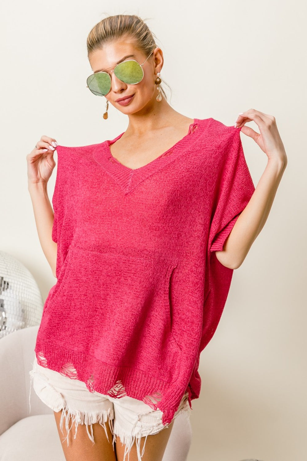 BiBi Distressed Hem V-Neck Slit Sweater Tops/Jackets/Sweaters BiBi Clothing Tops Memorial Day Sale Ship from USA TikTok Trendsi USPS Walmart Trendsi https://www.cyberehub.com