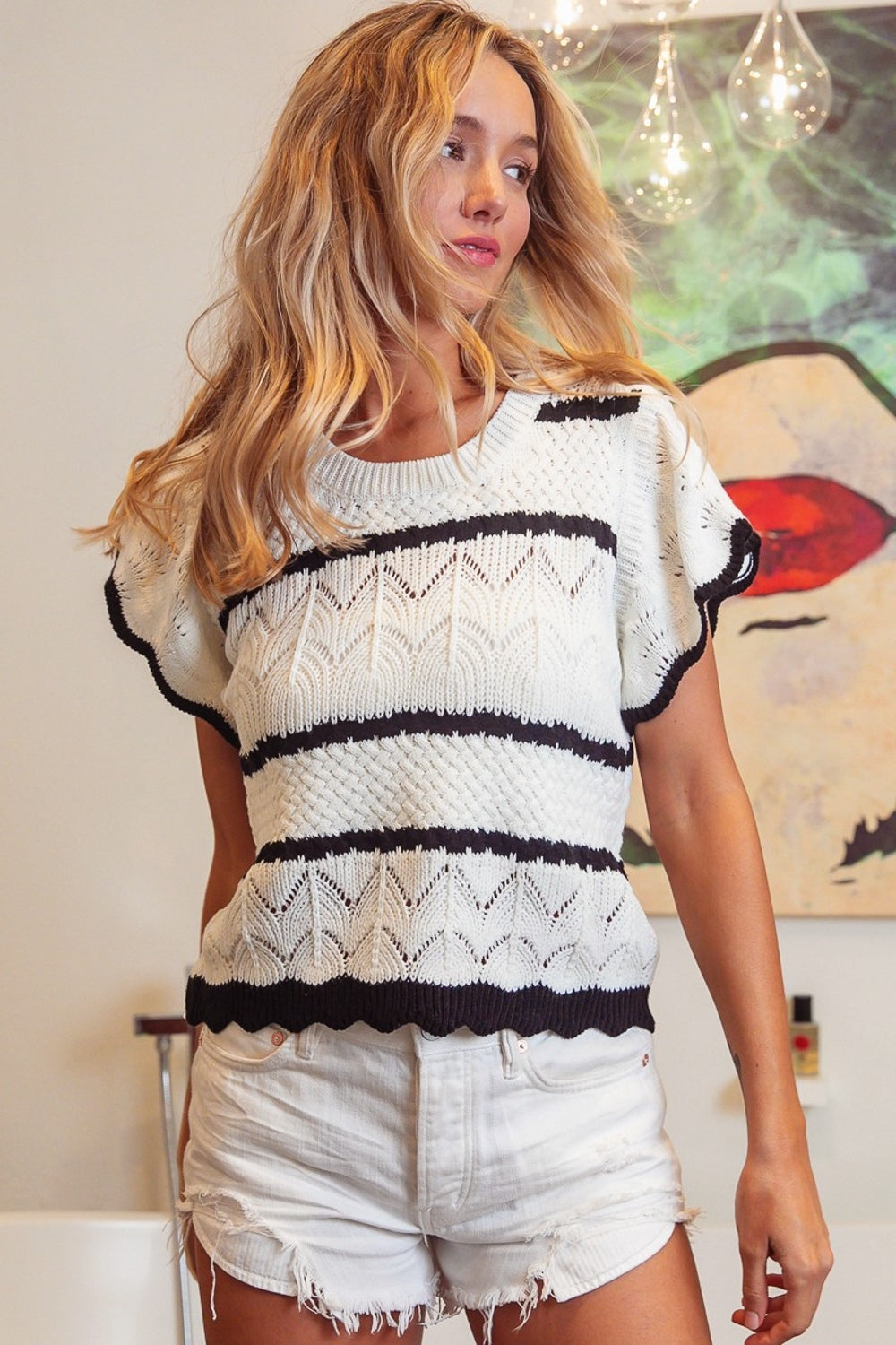 BiBi Pointelle Contrast Striped Short Sleeve Knit Top Shirt Apparel BiBi Clothing Tops Ship from USA Shirts USA Women Trendsi https://www.cyberehub.com