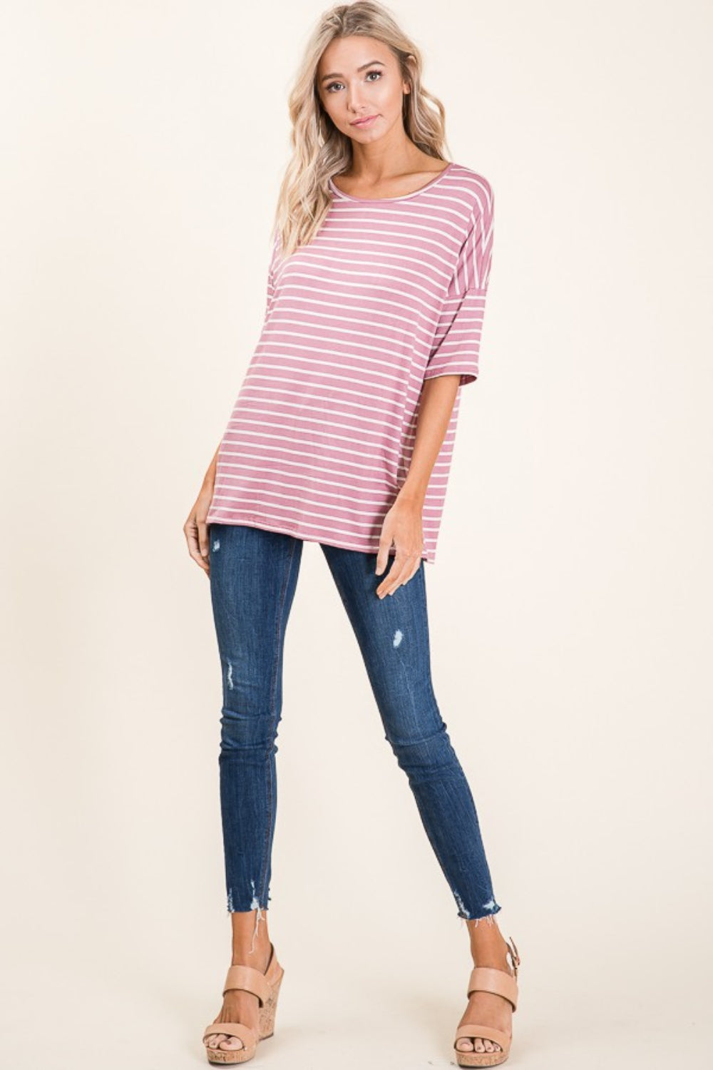 BOMBOM Striped Round Neck Half Sleeve T-Shirt Apparel/Tops BOMBOM Ship from USA TikTok Tops Trendsi USPS Walmart Walmart Apparel Trendsi https://www.cyberehub.com