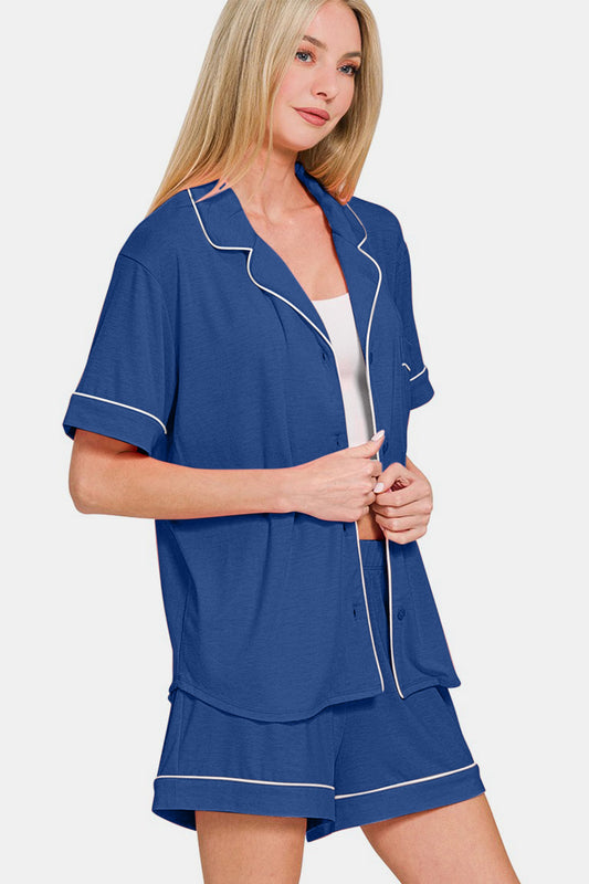 Zenana Button Down Short Sleeve Top and Shorts Lounge Set Apparel Apparel Ship from USA TikTok Trendsi Zenana Trendsi https://www.cyberehub.com