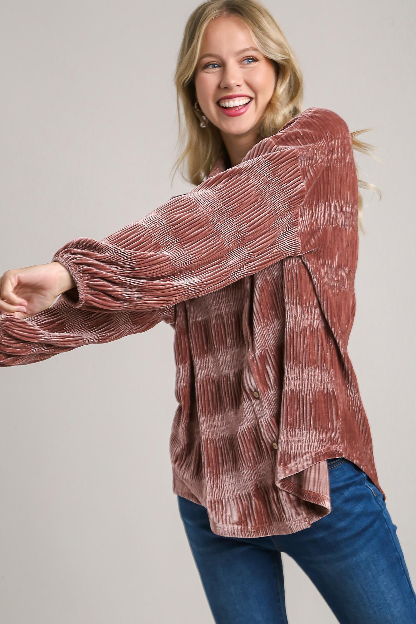 Umgee Ruched Tiered Button Up Shirt Red Bean Apparel/Tops Ship from USA TikTok Tops Trendsi Umgee USA USPS Walmart Walmart Apparel Trendsi https://www.cyberehub.com
