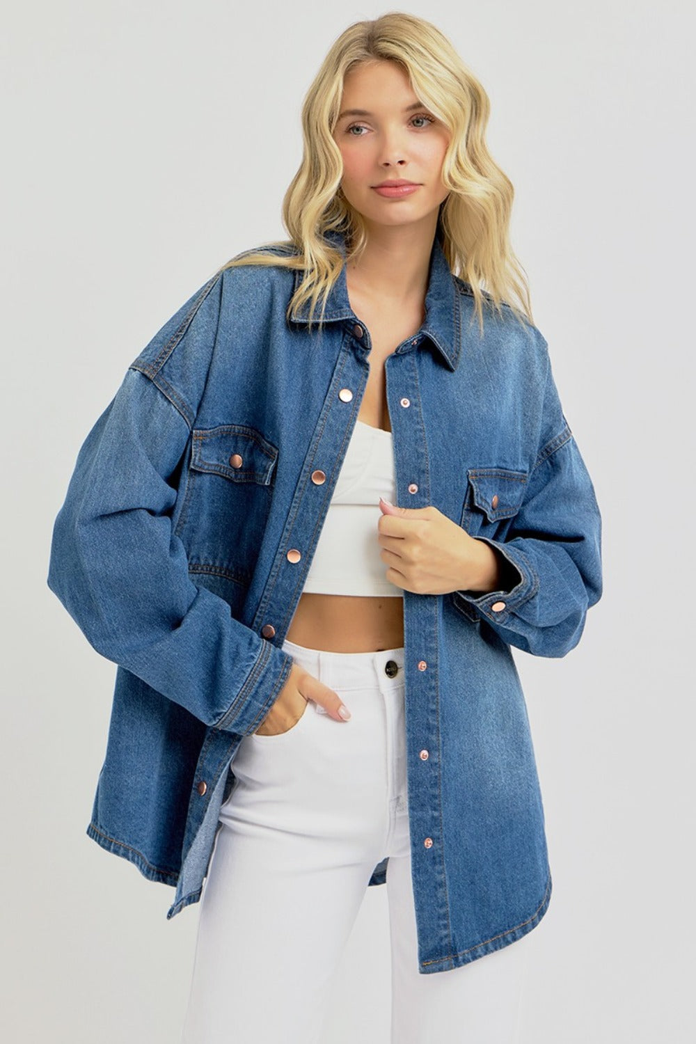 RISEN Full Size Snap Down Long Sleeve Denim Shacket Tops/Jackets/Sweaters Clothing Tops RISEN Ship from USA TikTok Trendsi USPS Walmart Trendsi https://www.cyberehub.com