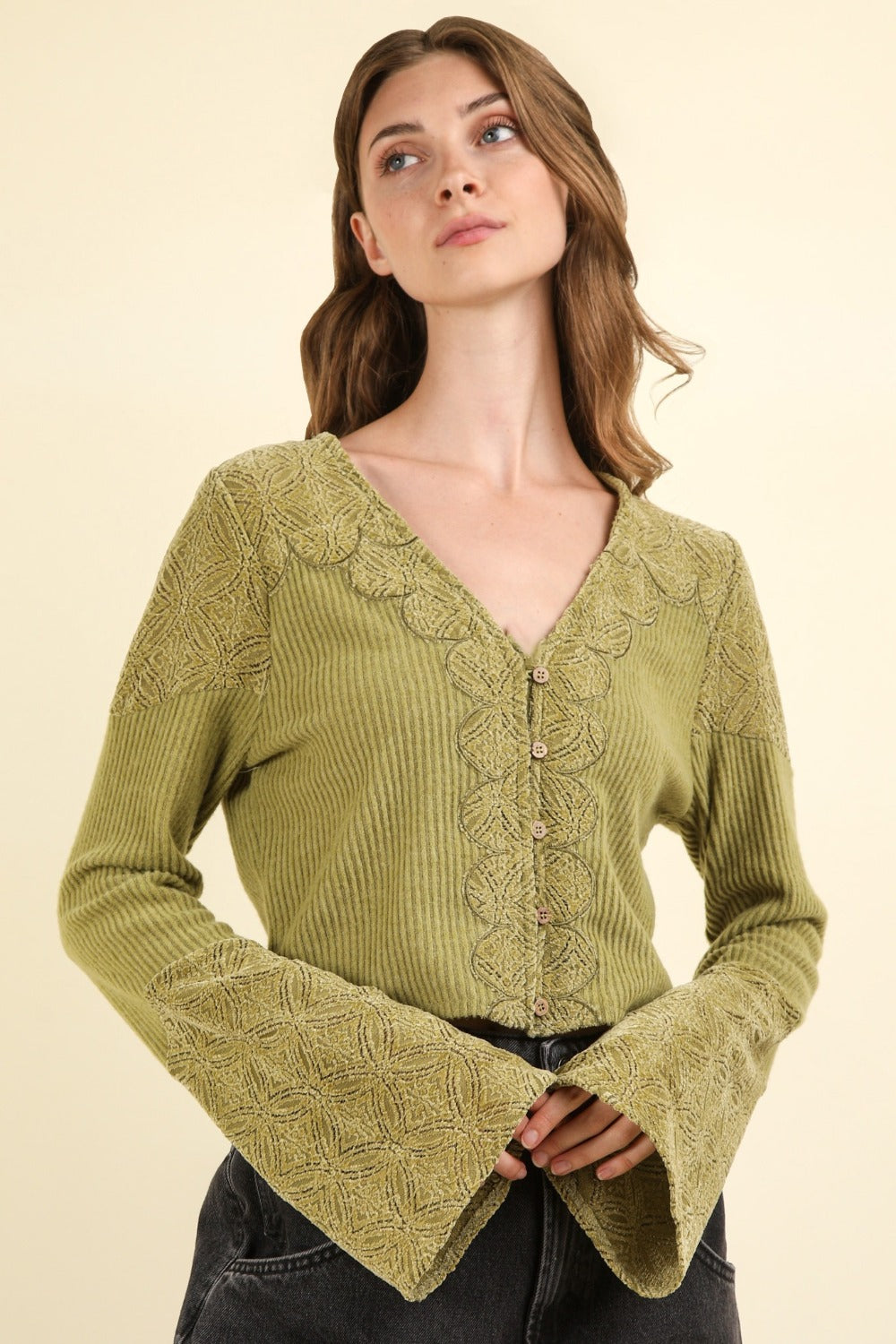 VERY J V-Neck Lace Detail Button Down Crop Ribbed Knit Top Shirt Apparel Clothing Tops Ship from USA Shirts USA VERY J Women Trendsi https://www.cyberehub.com
