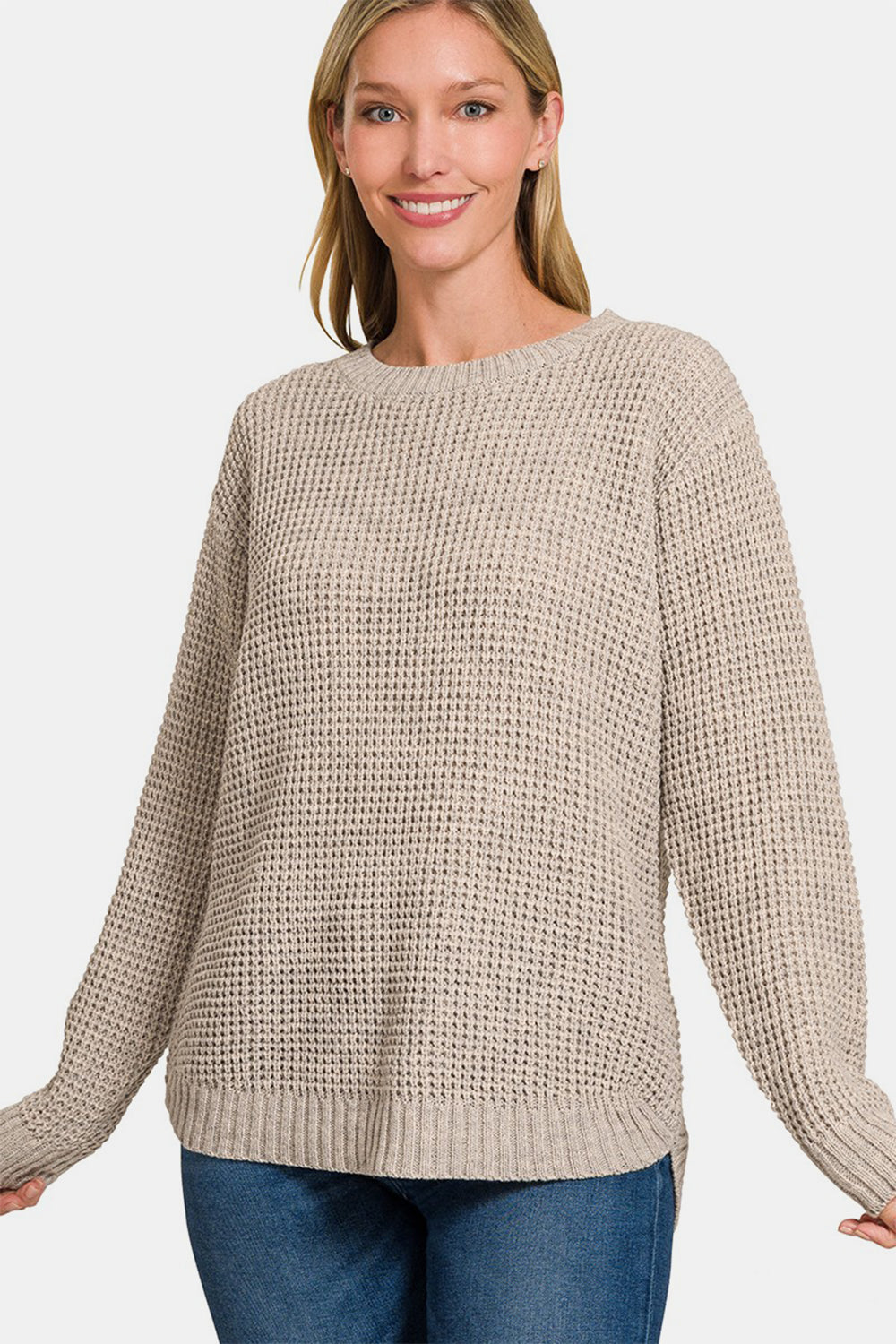 Zenana High Low Long Sleeve Waffle Sweater H Mocha Shirt Apparel Clothing Tops Ship from USA Shirts USA Women Zenana Trendsi https://www.cyberehub.com