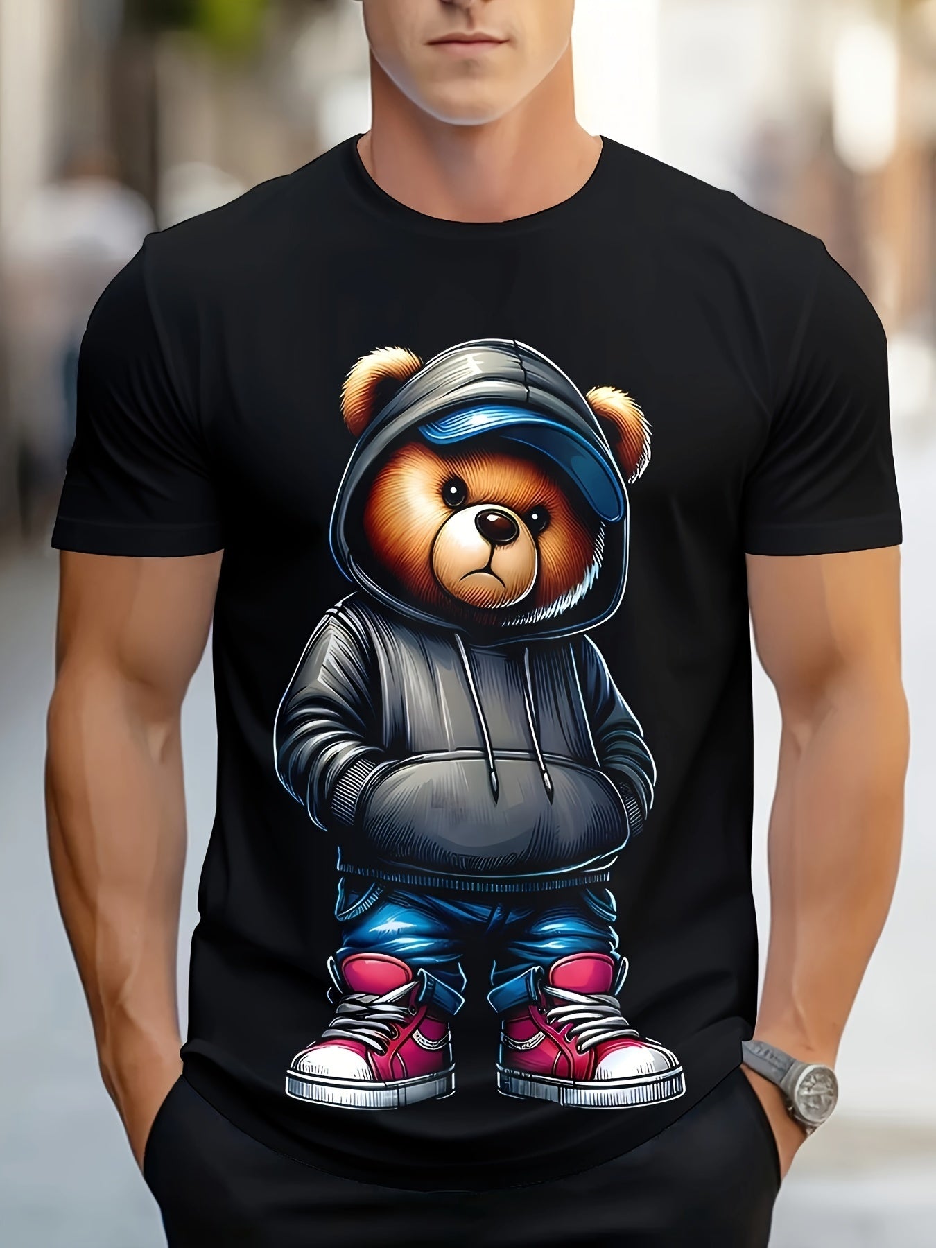 Men's Casual Geometric Bear Hat T-shirt Design - Polyester Knitted Fabric, Round Neck, Regular Style, Novel And Fashionable Clothing Apparel/Shirt/Graphic Shirt SNULLO https://www.cyberehub.com