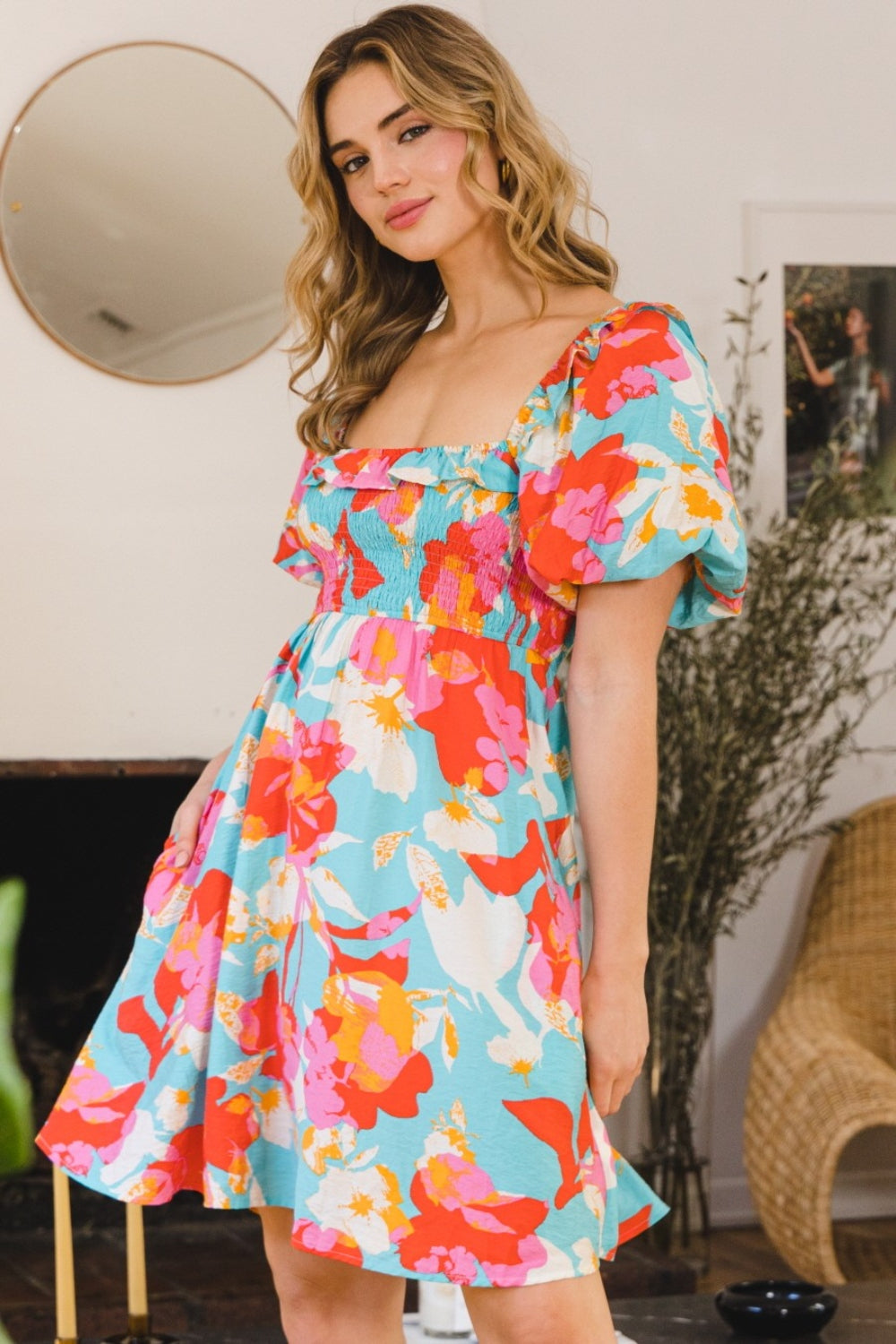ODDI Printed Smocked Puff Sleeve Mini Dress Apparel/Dress Dress ODDI Ship from USA TikTok Trendsi USPS Walmart Walmart Apparel Trendsi https://www.cyberehub.com