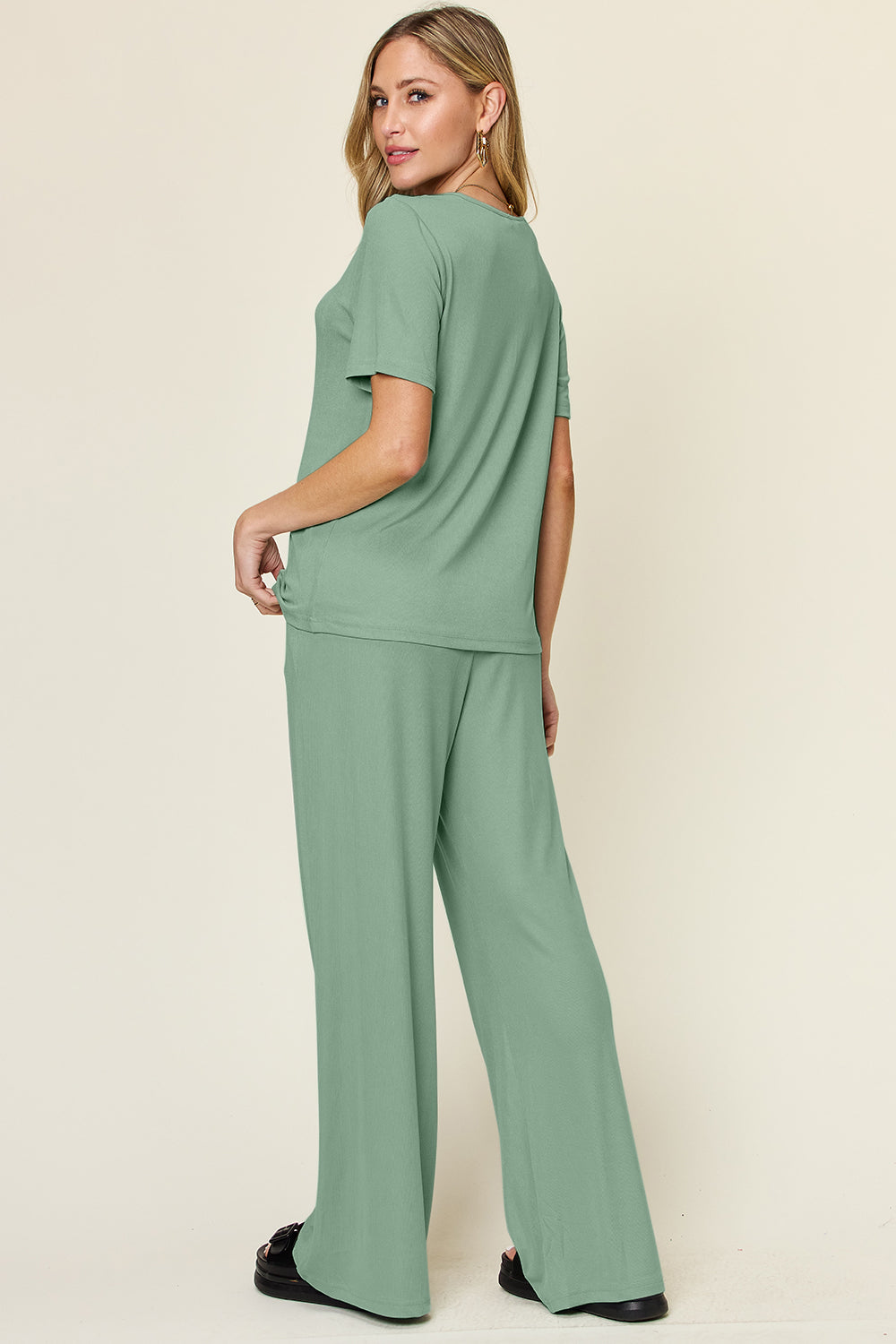 Double Take Full Size Round Neck Short Sleeve T-Shirt and Wide Leg Pants Set Apparel/Tops Double Take Ship from USA TikTok Tops Trendsi USPS Walmart Walmart Apparel Trendsi https://www.cyberehub.com