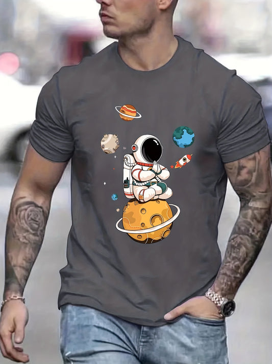 Summer Men's Casual Street Style Elastic Round Neck T-shirt With Cartoon Astronaut And Planet Patterns Apparel/Shirt/Graphic Shirt SNULLO https://www.cyberehub.com