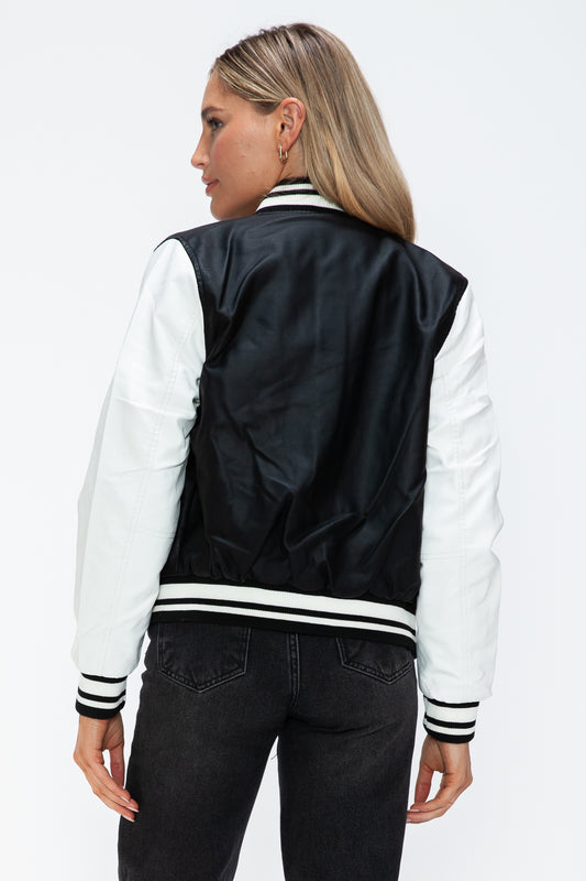 Love Me Now PU Leather Contrast Snap Down Bomber Jacket Tops/Jackets/Sweaters Clothing Tops Love Me Now Ship from USA TikTok Trendsi USPS Walmart Trendsi https://www.cyberehub.com