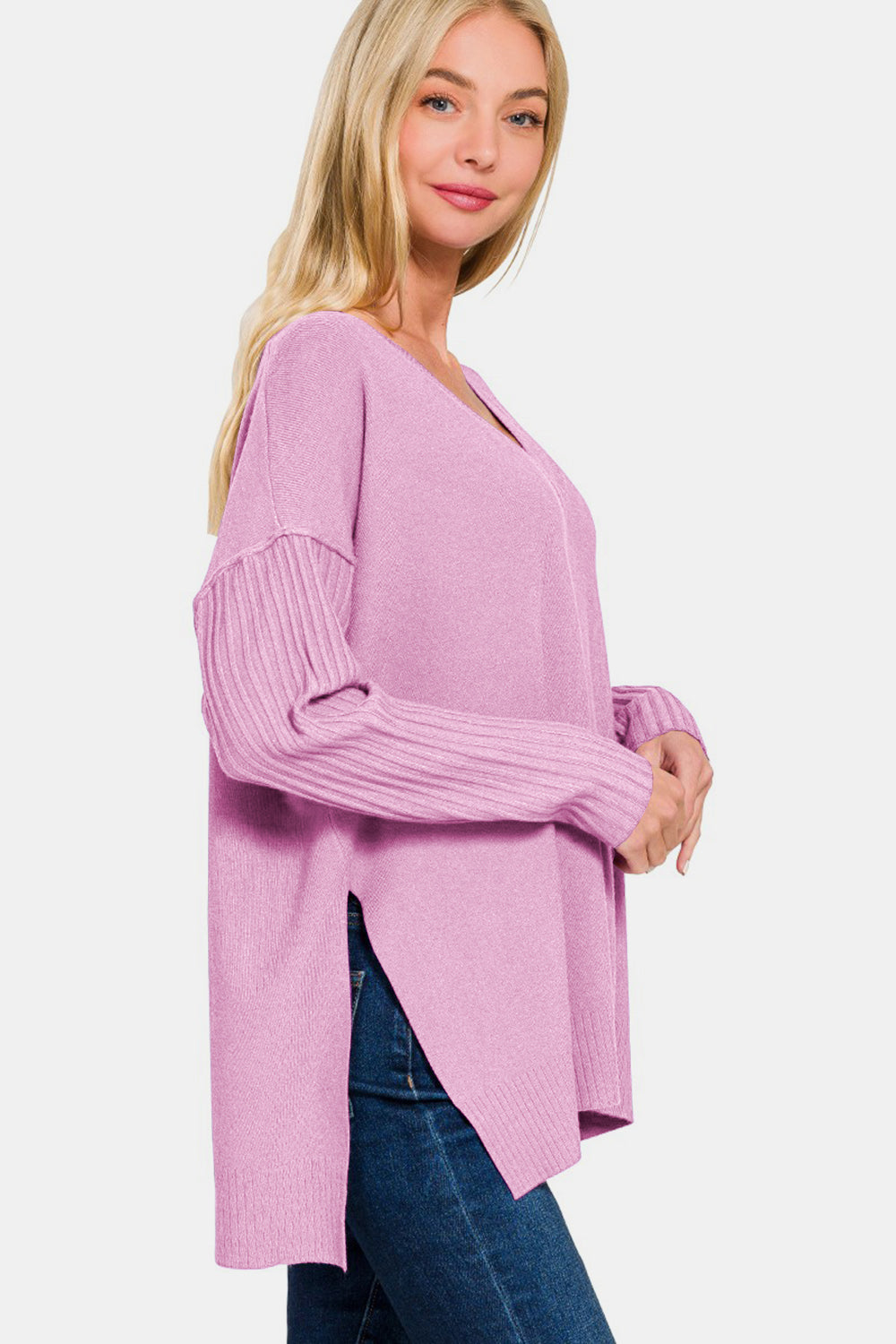 Zenana V-Neck Side Slit High-Low Sweater Shirt Apparel Clothing Tops Ship from USA Shirts USA Women Zenana Trendsi https://www.cyberehub.com
