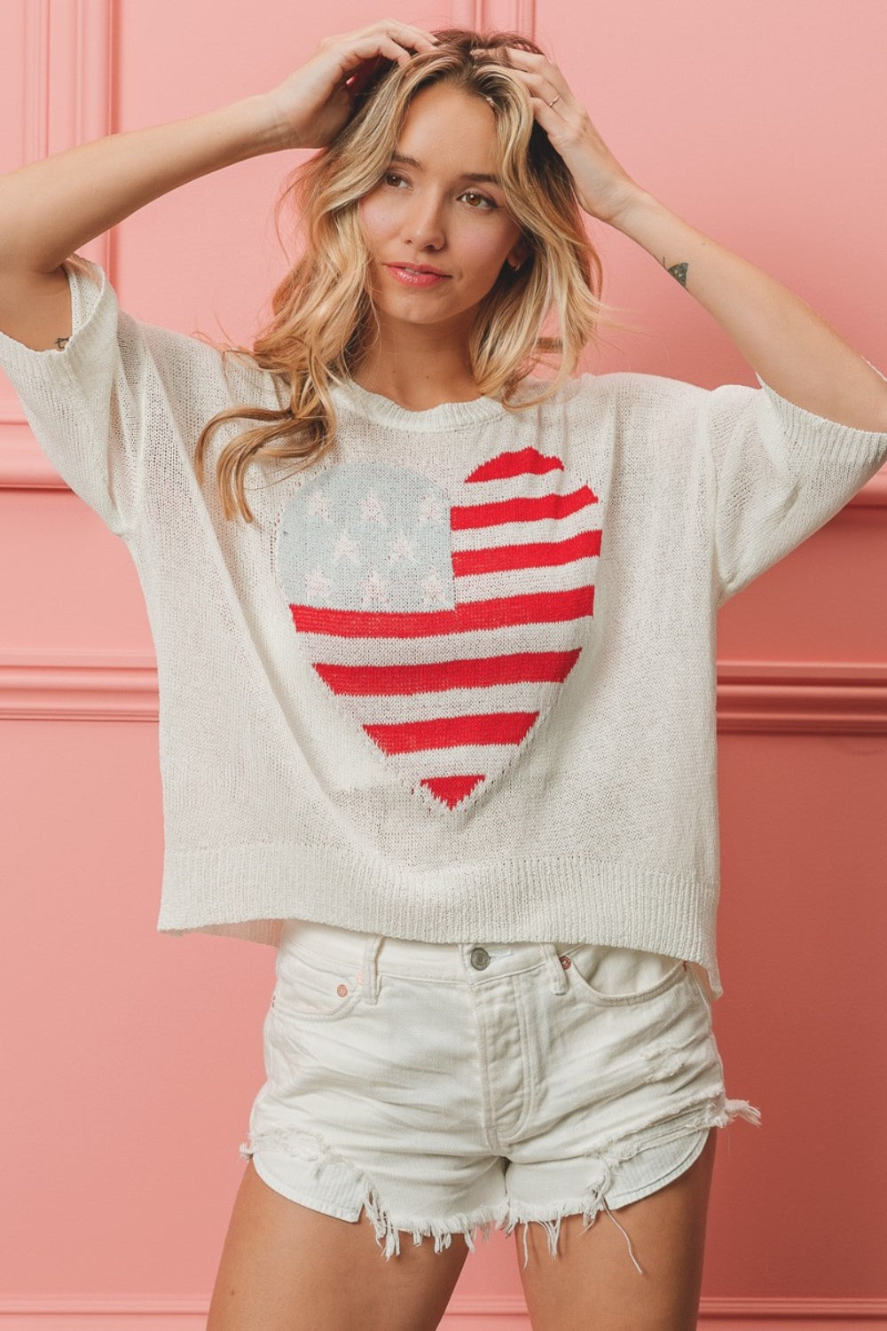 BiBi Striped Heart Contrast Knit Top Shirt Apparel BiBi Clothing Tops Ship from USA Shirts USA Women Trendsi https://www.cyberehub.com