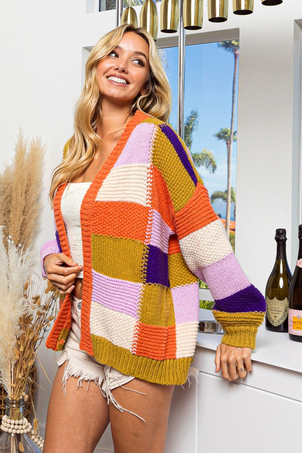 BiBi Checkered Color Block Sweater Cardigan Shirt Apparel BiBi Clothing Tops Out of stock Ship from USA Shirts USA Women Trendsi https://www.cyberehub.com