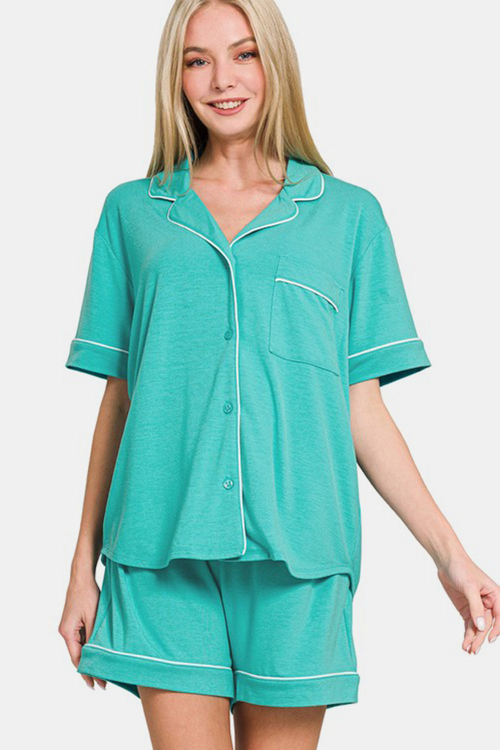 Zenana Button Down Short Sleeve Top and Shorts Lounge Set Turquoise Apparel Apparel Out of stock Ship from USA TikTok Trendsi Zenana Trendsi https://www.cyberehub.com