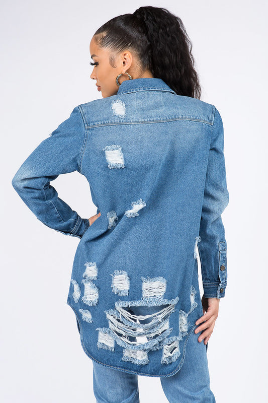 American Bazi Distressed Button Down Denim Shirt Jacket Shirt American Bazi Apparel Clothing Tops Ship from USA Shirts USA Women Trendsi https://www.cyberehub.com