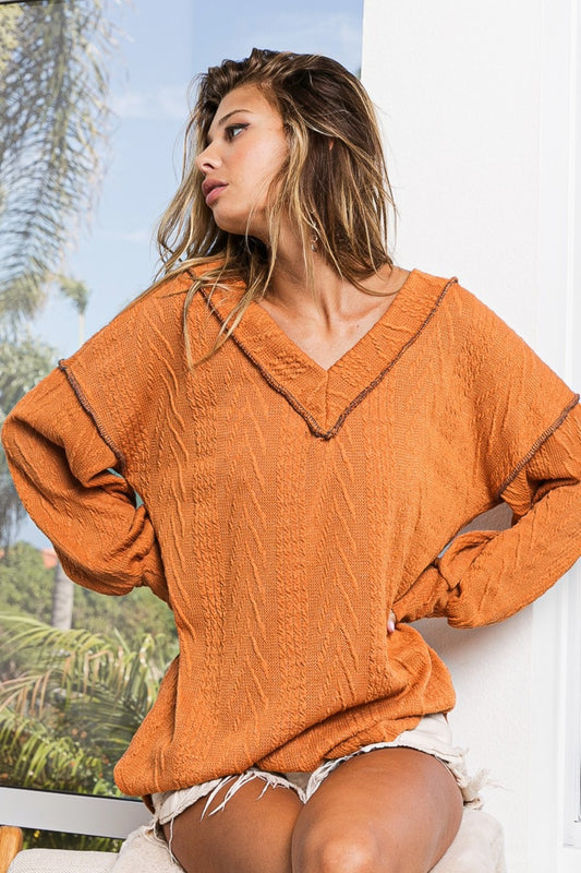 BiBi Textured Exposed Seam Drop Shoulder Knit Top Shirt Apparel BiBi Clothing Tops Ship from USA Shirts USA Women Trendsi https://www.cyberehub.com