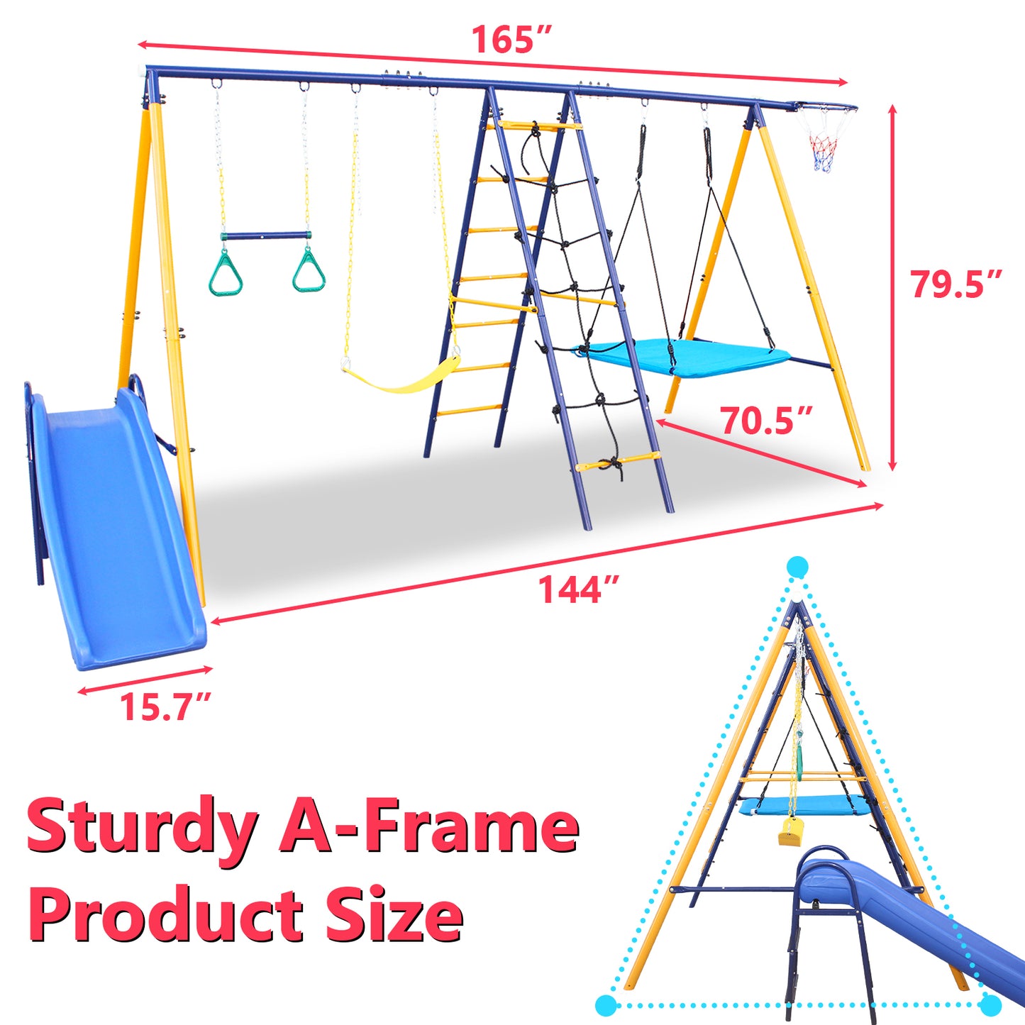 500 lbs 7 in 1 Swing Set for Kids Backyard Outdoor A-Frame Heavy-Duty Metal Swing Sets with Slide, 2 Swing Seats, 1 Climbing Net & Ladder, 1 Gym Ring, 1 Basket Giga GNJ Kids Toys Giga https://www.cyberehub.com