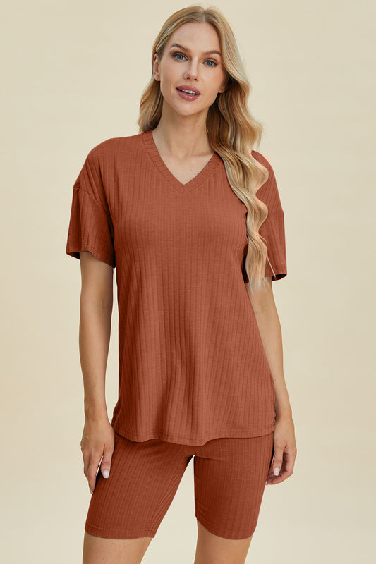 Basic Bae Full Size Ribbed V-Neck Short Sleeve Top and Shorts Set Caramel Tops/Jackets/Sweaters Basic Bae Clothing Tops Ship from USA TikTok Trendsi USPS Walmart Trendsi https://www.cyberehub.com
