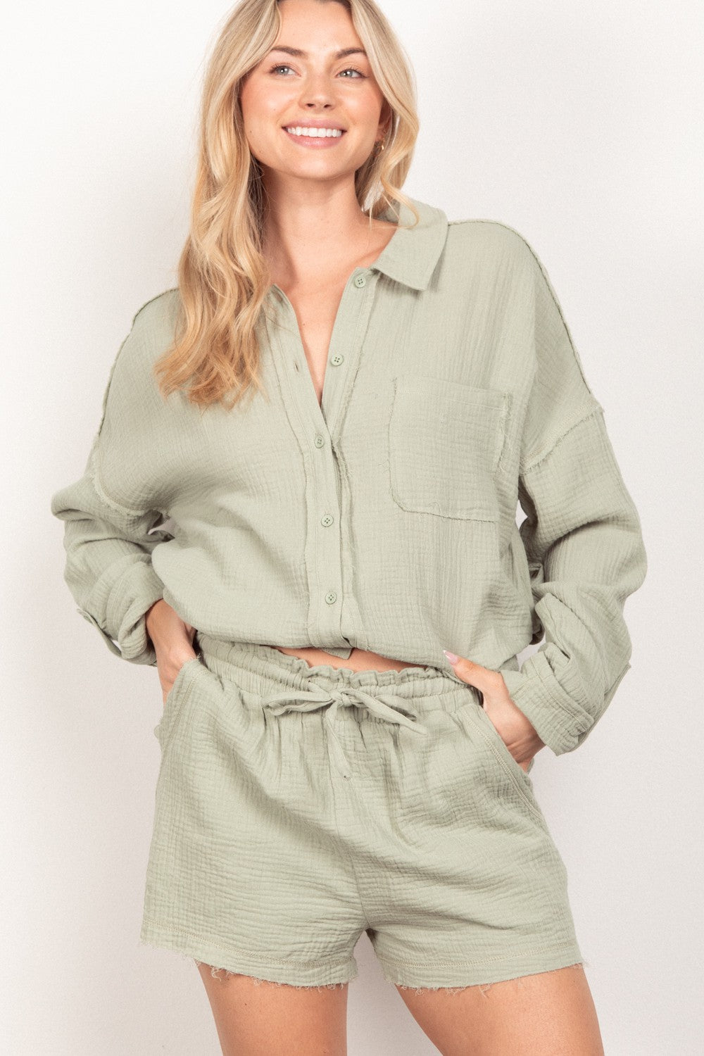 VERY J Texture Button Up Shirt and Shorts Set Sage Apparel/Tops Ship from USA TikTok Tops Trendsi USPS VERY J Walmart Walmart Apparel Trendsi https://www.cyberehub.com