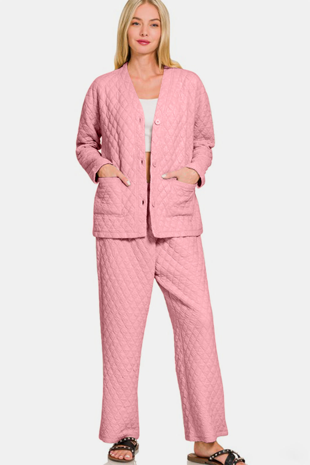 Zenana Quilted Button Up Long Sleeve Top and Pants Lounge Set Apparel Apparel Ship from USA TikTok Trendsi Zenana Trendsi https://www.cyberehub.com