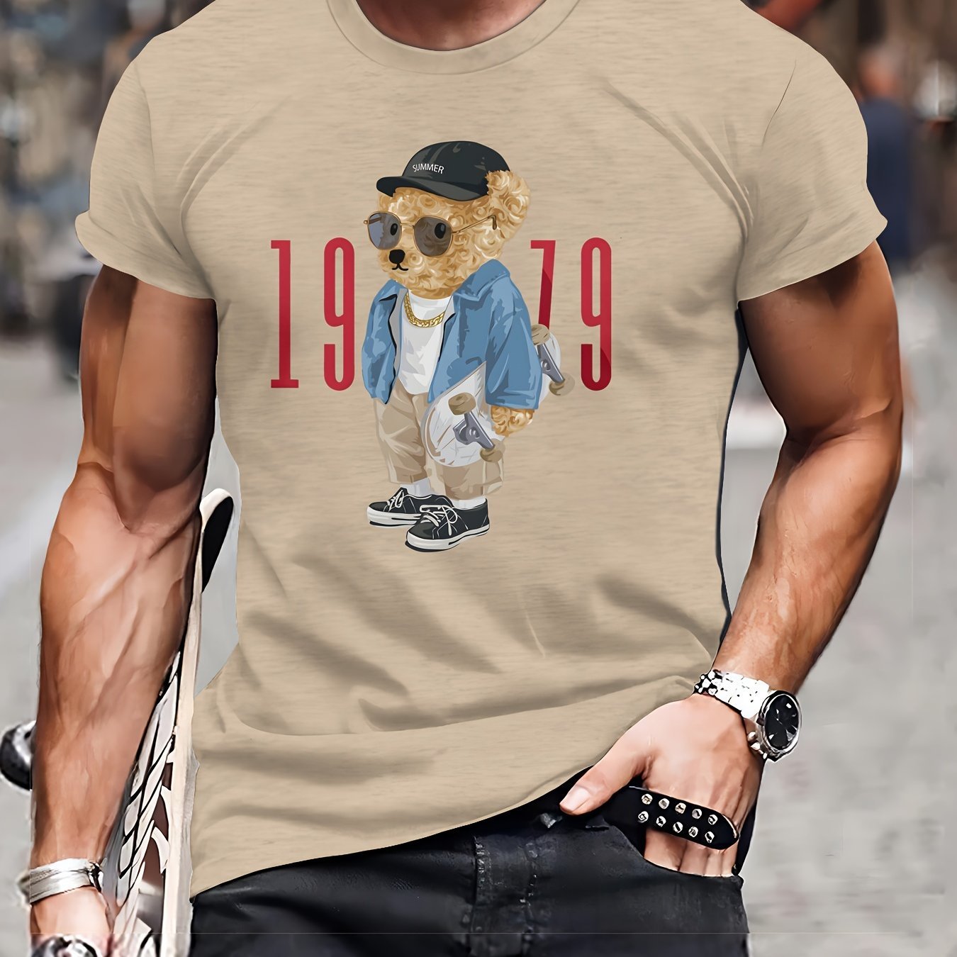 Men's Casual Round Neck T-shirt -1979 Vintage Teddy Bear Print Khaki Apparel/Shirt/Graphic Shirt SNULLO https://www.cyberehub.com