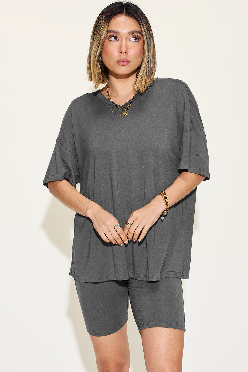 Basic Bae Full Size V-Neck Drop Shoulder T-Shirt and Shorts Set Dark Gray Apparel/Tops Basic Bae Ship from USA TikTok Tops Trendsi USPS Walmart Walmart Apparel Trendsi https://www.cyberehub.com
