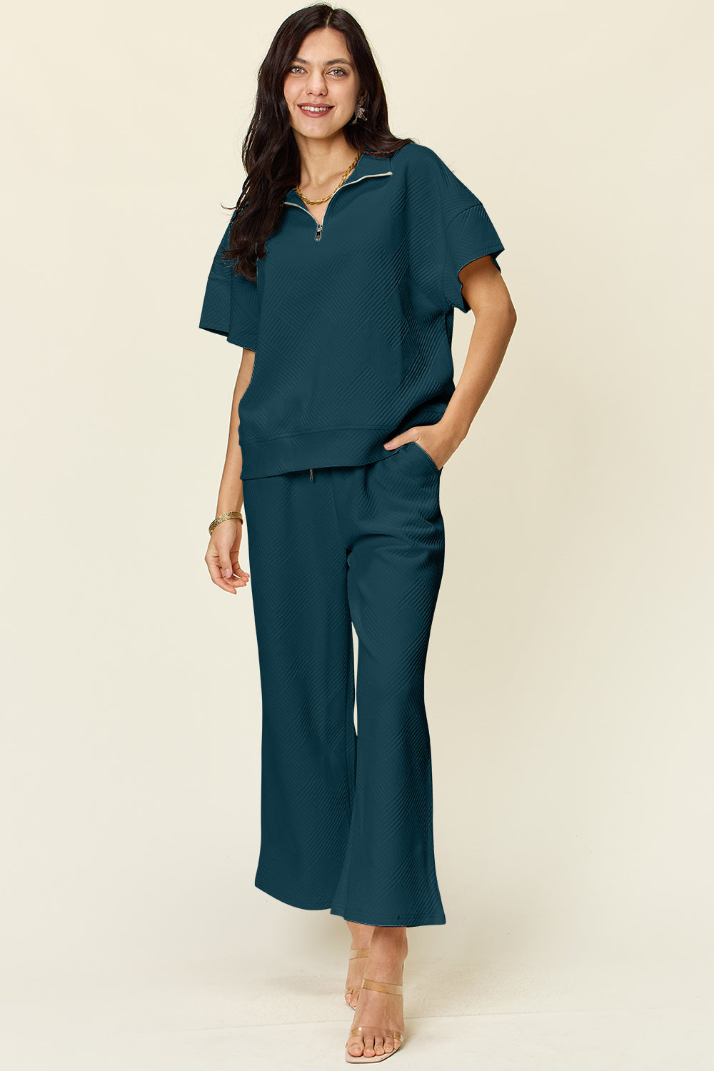 Double Take Full Size Texture Half Zip Short Sleeve Top and Pants Set Deep Teal Apparel/Tops Double Take Ship from USA TikTok Tops Trendsi USPS Walmart Walmart Apparel Trendsi https://www.cyberehub.com