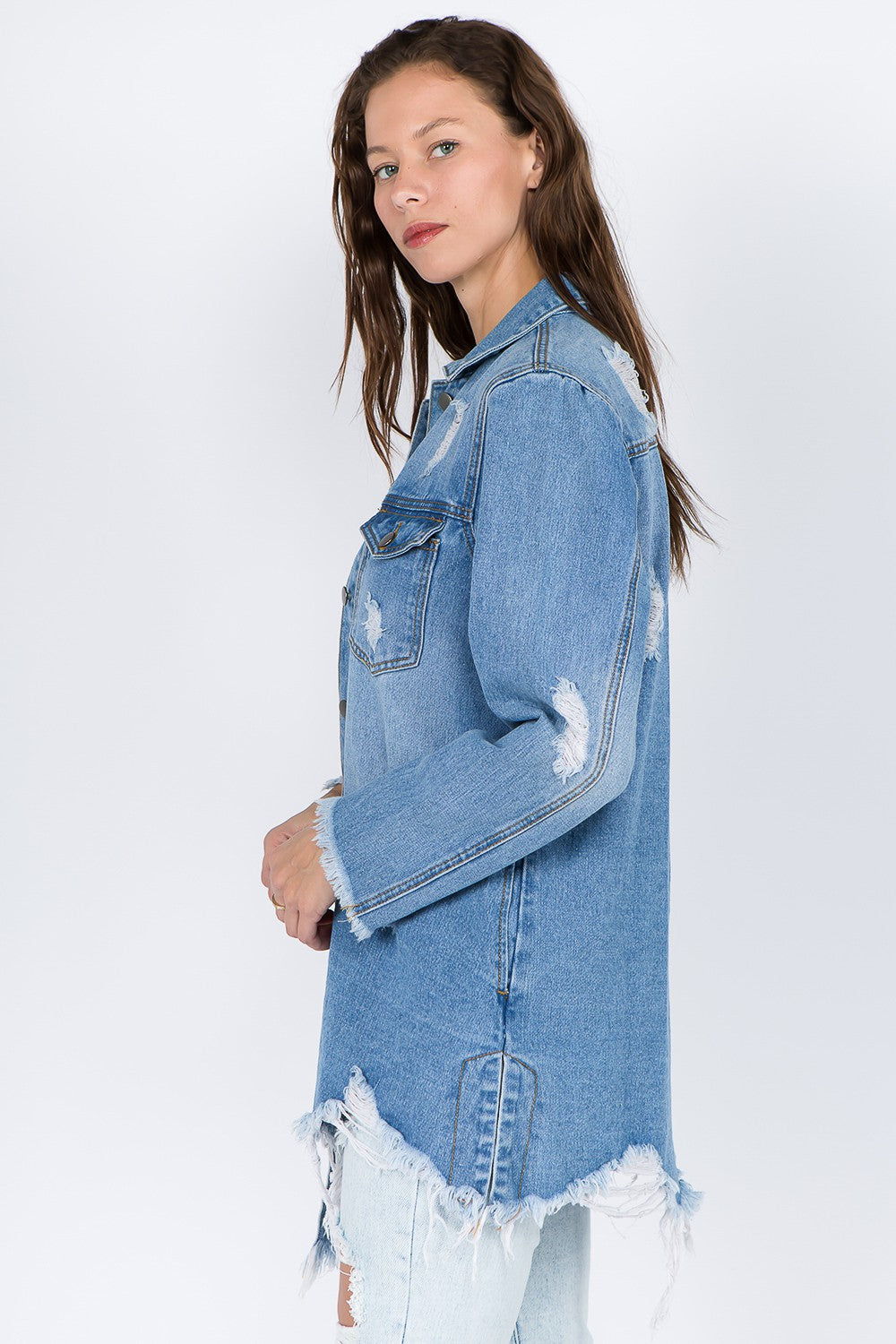 American Bazi Distressed Frayed Hem Denim Jacket Tops/Jackets/Sweaters American Bazi Clothing Tops Ship from USA TikTok Trendsi USPS Walmart Trendsi https://www.cyberehub.com