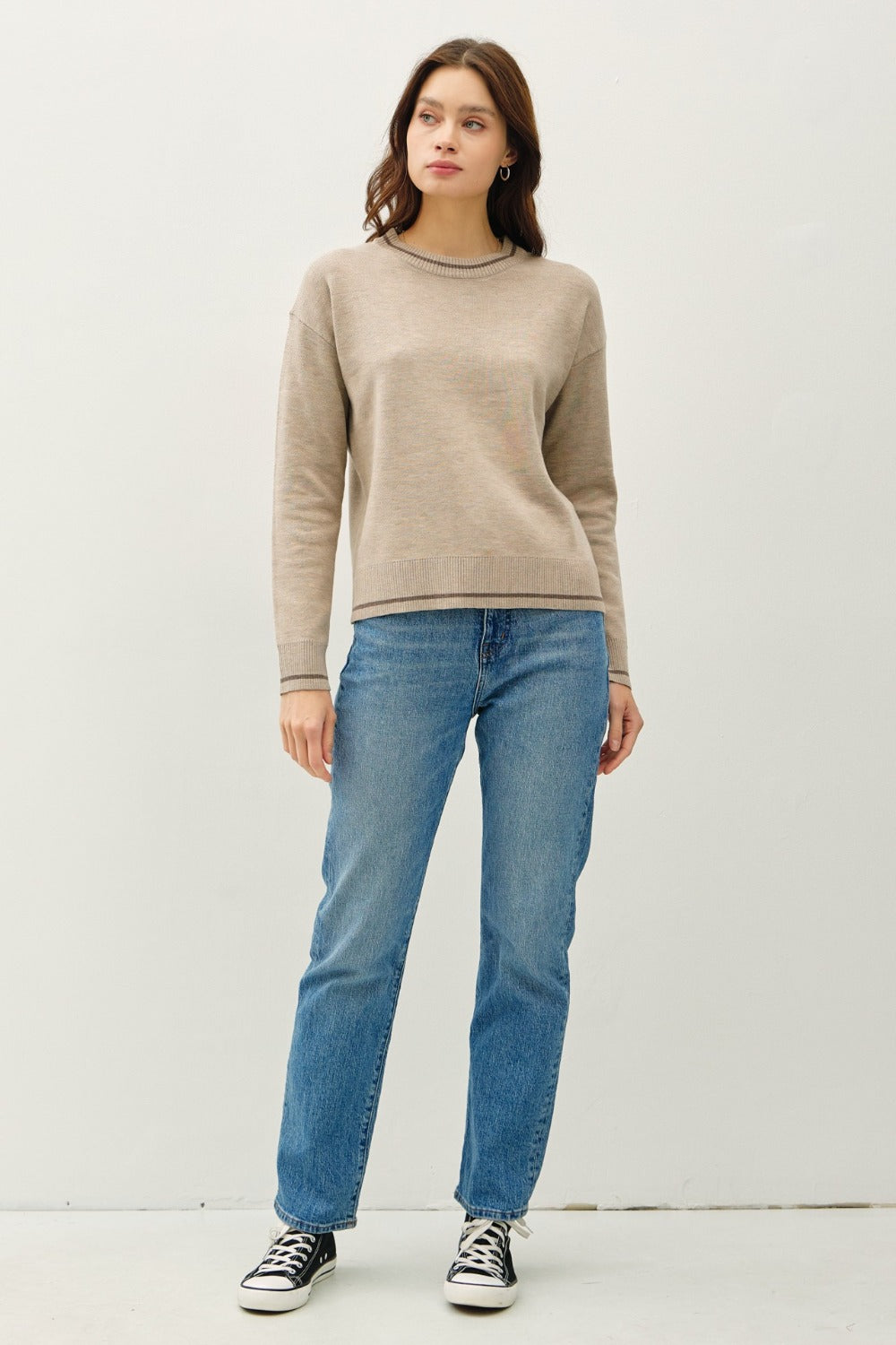 Be Cool Striped Trim Round Neck Long Sleeve Sweater Tops/Jackets/Sweaters BE COOL Clothing Tops Ship from USA TikTok Trendsi USPS Walmart Trendsi https://www.cyberehub.com