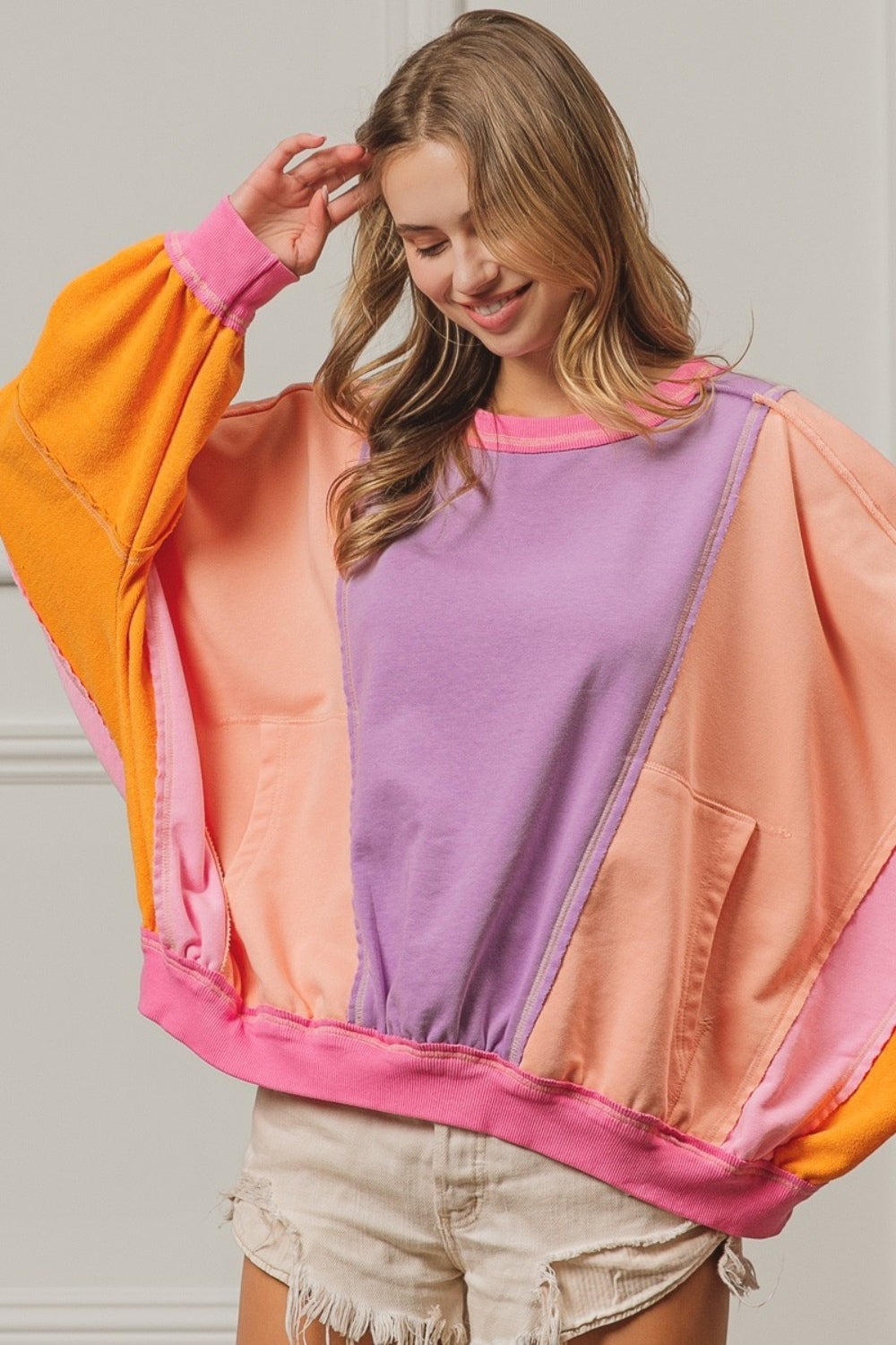 BiBi Color Block Exposed Seam Sweatshirt with Pockets Tops/Jackets/Sweaters BiBi Clothing Tops Ship from USA TikTok Trendsi USPS Walmart Trendsi https://www.cyberehub.com