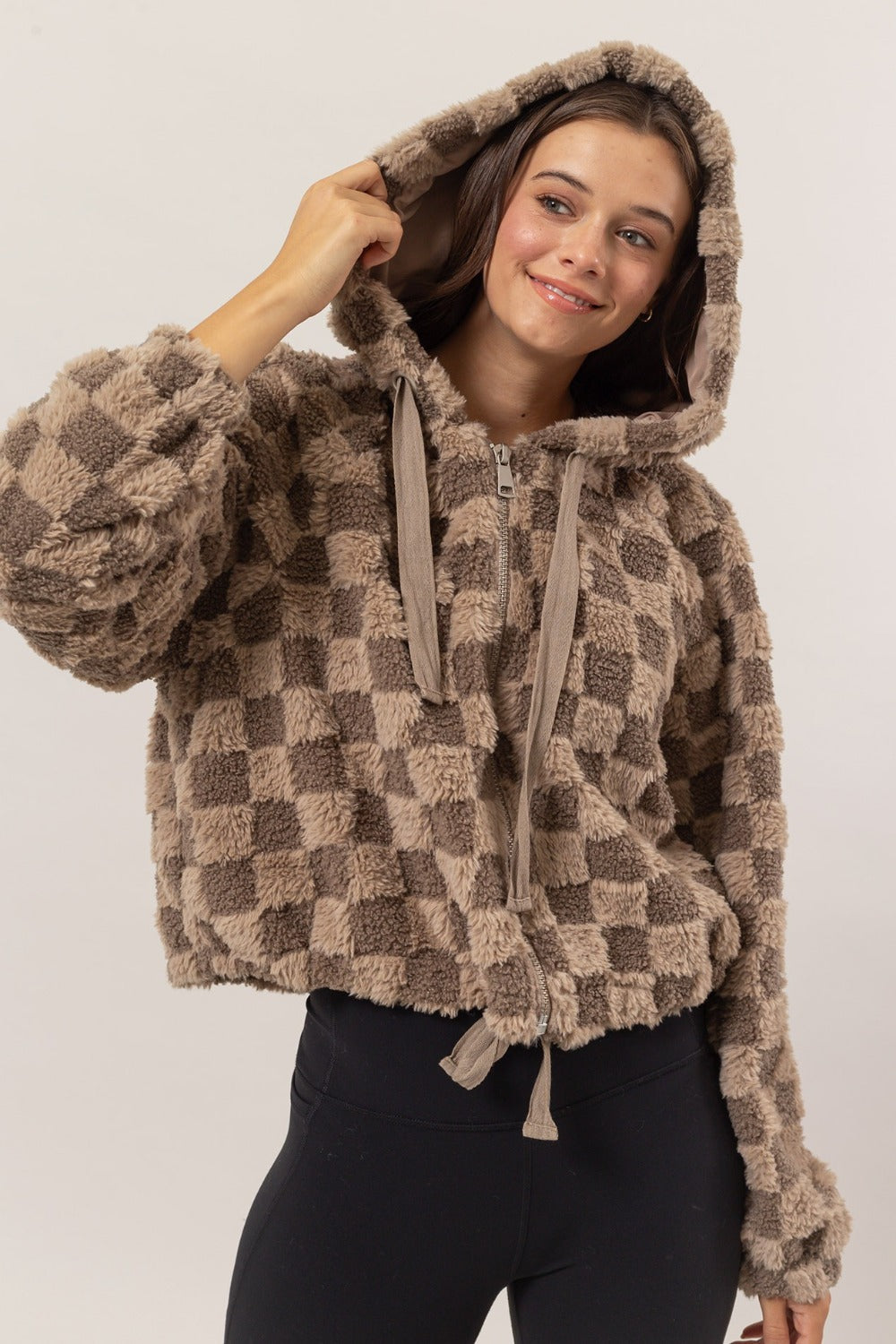 HYFVE Zip Up Sherpa Checkered Hooded Jacket Mocha Shirt Apparel Clothing Tops HYFVE Ship from USA Shirts USA Women Trendsi https://www.cyberehub.com