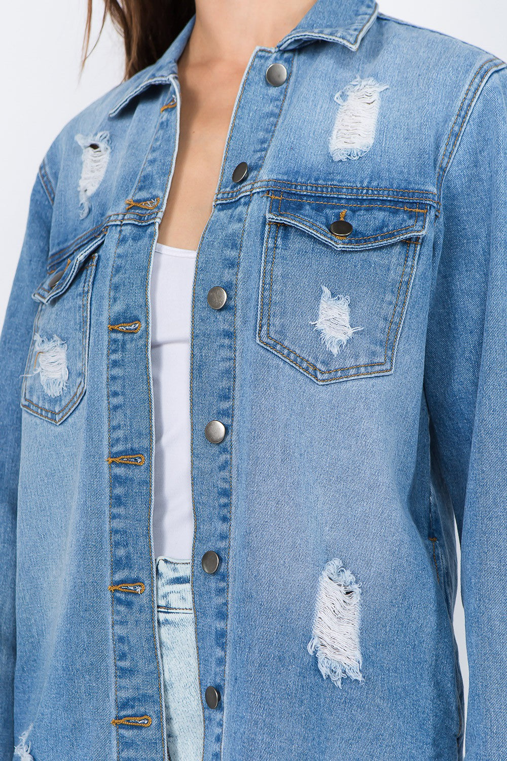 American Bazi Distressed Frayed Hem Denim Jacket Tops/Jackets/Sweaters American Bazi Clothing Tops Ship from USA TikTok Trendsi USPS Walmart Trendsi https://www.cyberehub.com