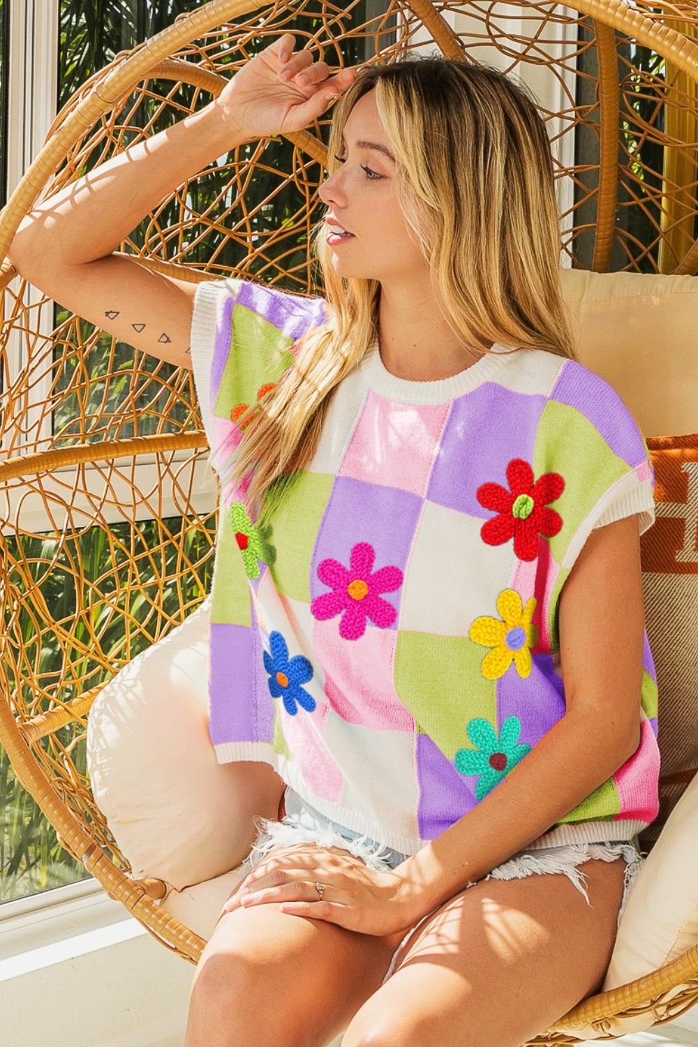 BiBi Flower Patch Checkered Sweater Vest Lavender Blush Lime Shirt Apparel BiBi Clothing Tops Ship from USA Shirts USA Women Trendsi https://www.cyberehub.com
