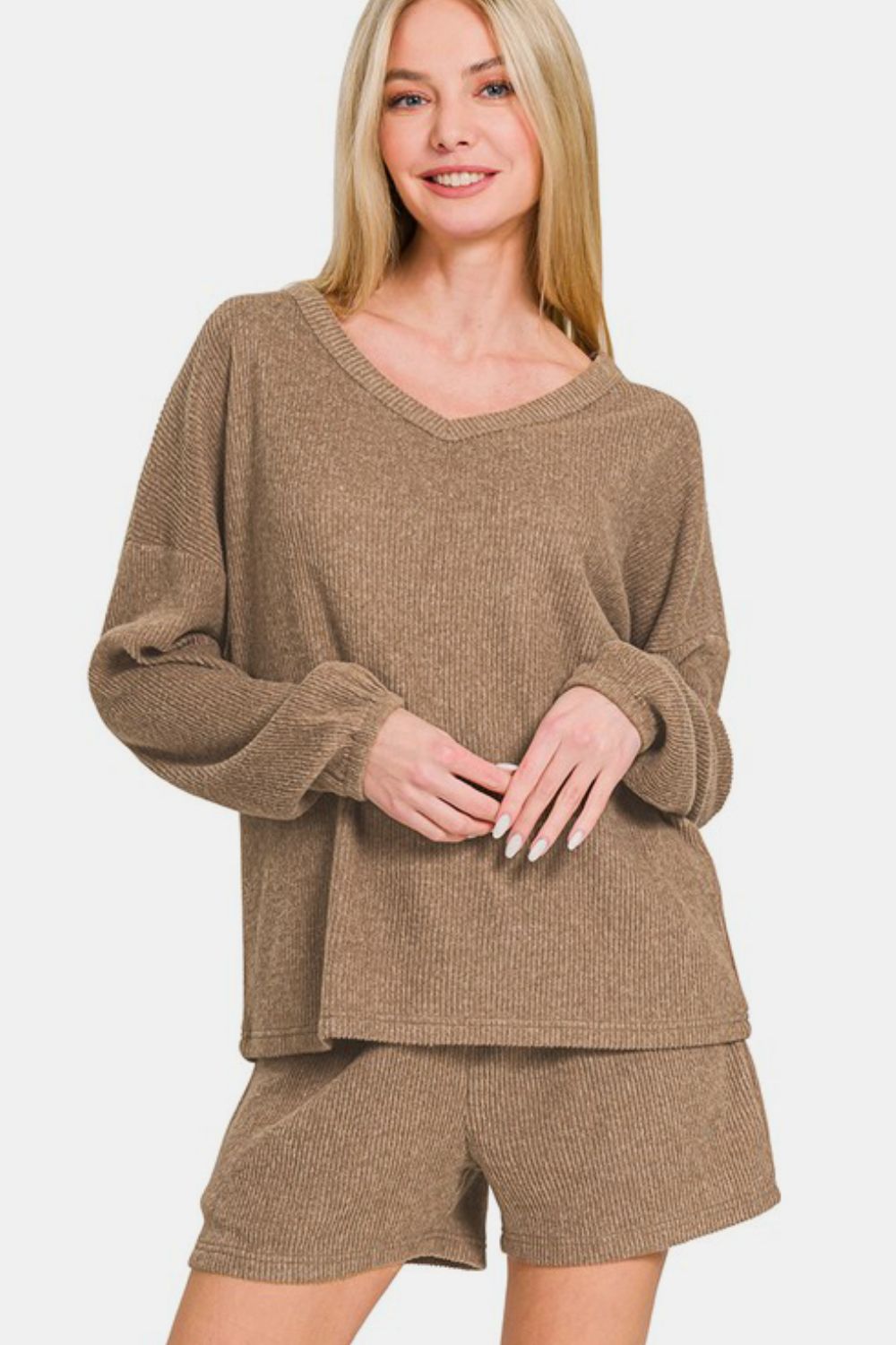 Zenana V-Neck Long Sleeve Ribbed Top and Shorts Set Apparel/Tops Ship from USA TikTok Tops Trendsi USPS Walmart Walmart Apparel Zenana Trendsi https://www.cyberehub.com