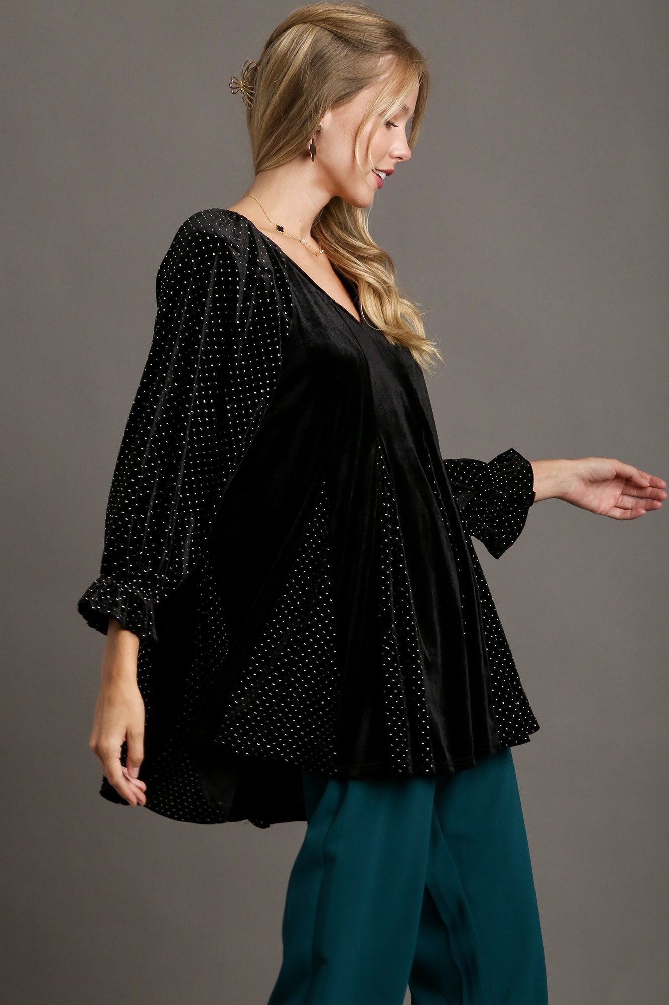 Umgee Godet Hem Polka Dot V-Neck Blouse Apparel Apparel Ship from USA TikTok Trendsi Umgee USA Trendsi https://www.cyberehub.com