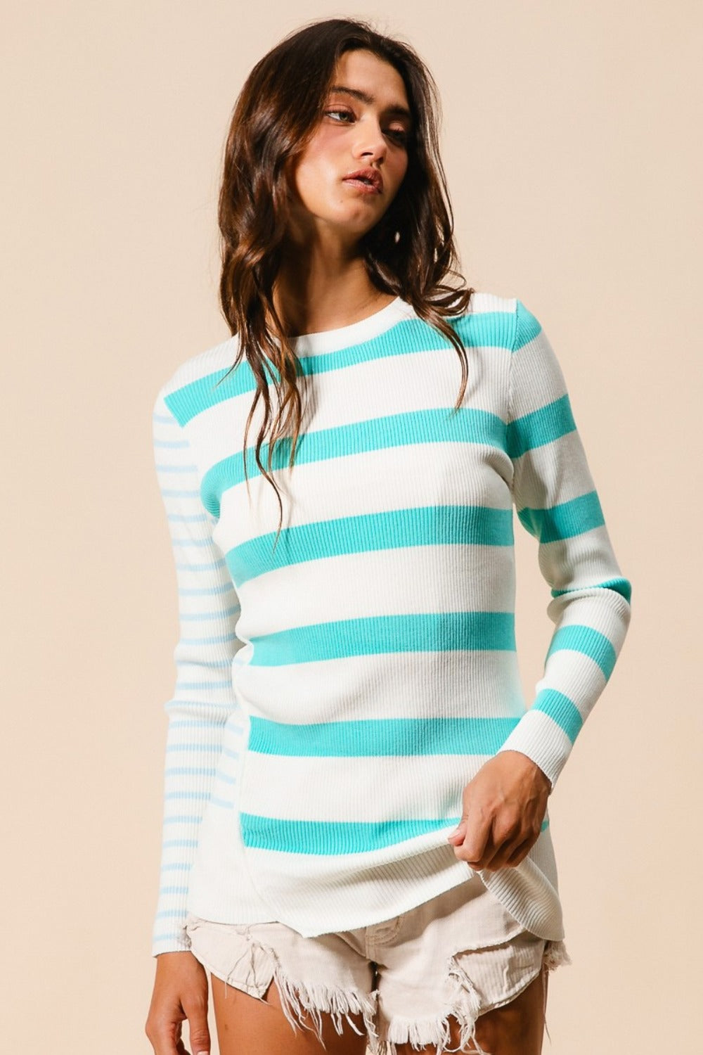 BiBi Contrast Striped Asymmetrical Hem Knit Top Shirt Apparel BiBi Clothing Tops Ship from USA Shirts USA Women Trendsi https://www.cyberehub.com