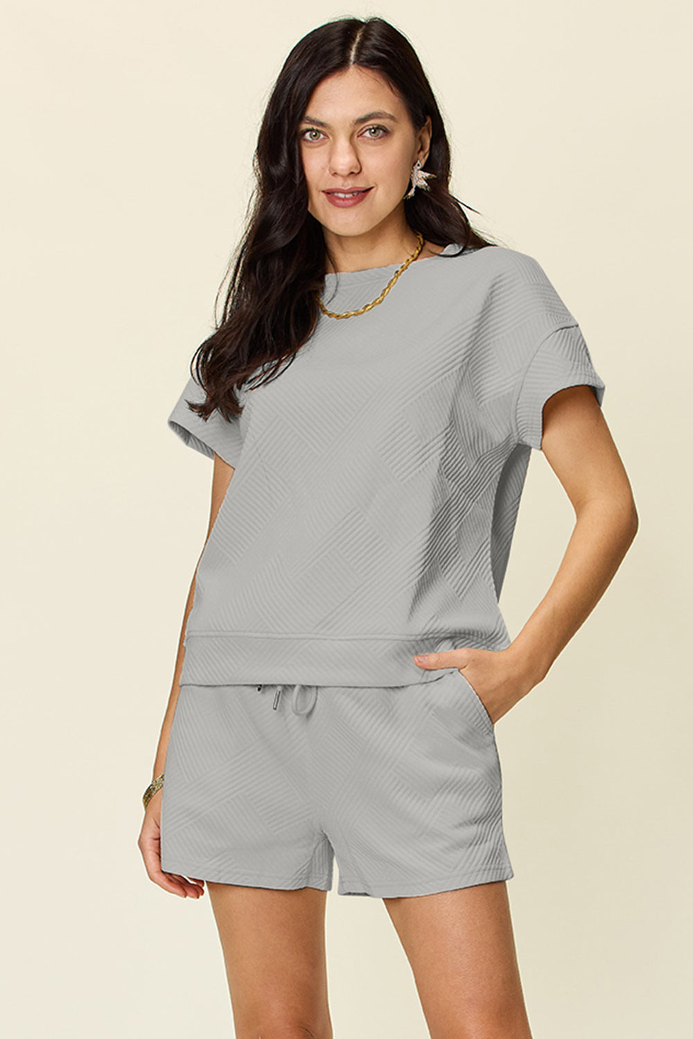 Double Take Full Size Texture Short Sleeve T-Shirt and Drawstring Shorts Set Light Gray Apparel/Tops Double Take Ship from USA TikTok Tops Trendsi USPS Walmart Walmart Apparel Trendsi https://www.cyberehub.com