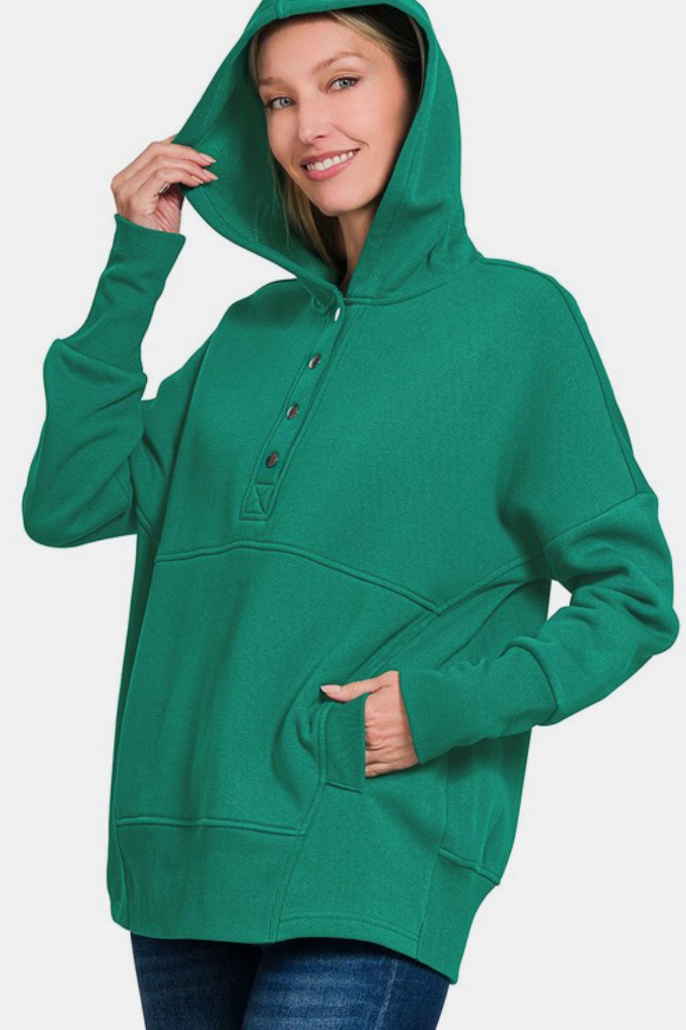 Zenana Half Snap Long Sleeve Hoodie with Kangaroo Pocket Apparel/Tops Ship from USA TikTok Tops Trendsi USPS Walmart Walmart Apparel Zenana Trendsi https://www.cyberehub.com