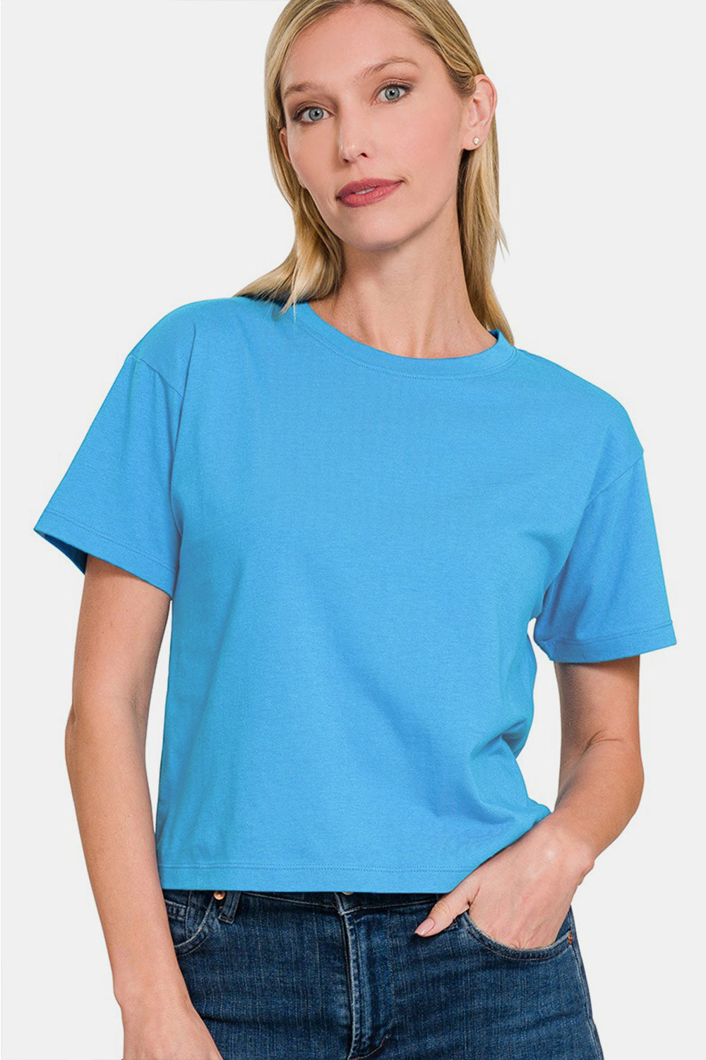 Zenana Round Neck Short Sleeve Cropped T-Shirt Apparel/Tops Ship from USA TikTok Tops Trendsi USPS Walmart Walmart Apparel Zenana Trendsi https://www.cyberehub.com